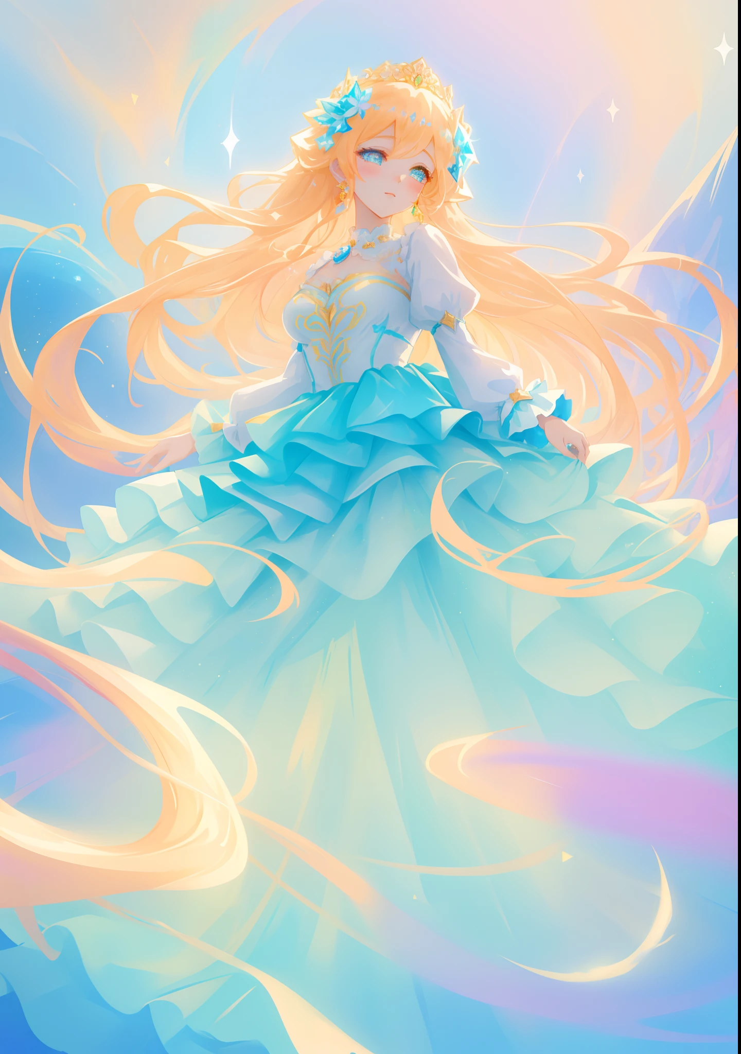 beautiful girl, puffy tiered ballgown with puffy long sleeves, vibrant pastel colors, (colorful), glowing golden long hair, magical lights, sparkling magical liquid, inspired by Glen Keane, inspired by Lois van Baarle, disney art style, by Lois van Baarle, glowing aura around her, by Glen Keane, jen bartel, glowing lights! digital painting, flowing glowing hair, glowing flowing hair, beautiful digital illustration, fantasia background, whimsical, magical, fantasy, ((beautiful face)), ((masterpiece, best quality)), intricate details, highly detailed, sharp focus, 8k resolution, sparkling detailed eyes, liquid watercolor