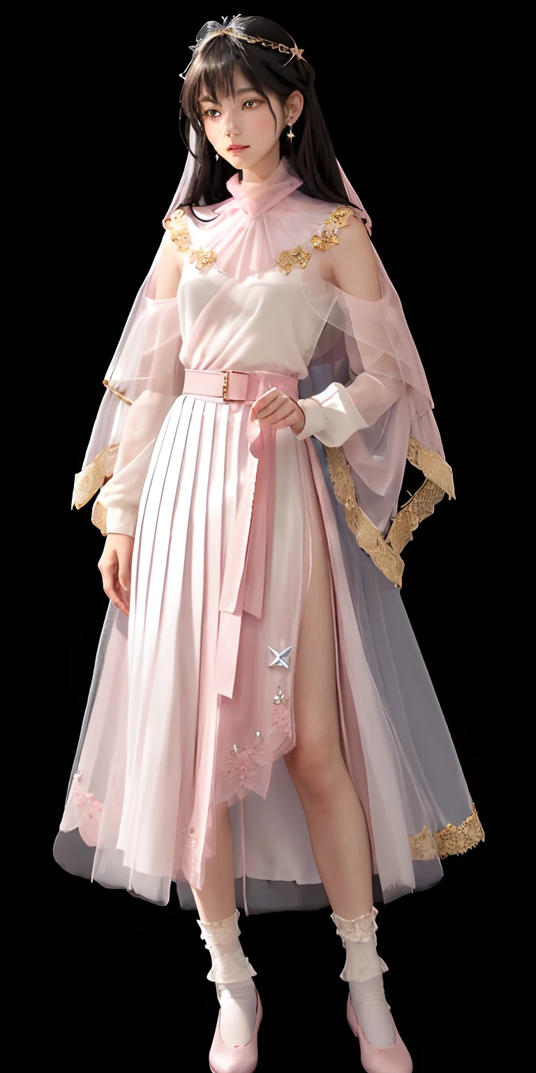 A 17-year-old girl, Super long, Flowing black hair.
• Gentle facial features,There was a hint of mystery and confusion in his eyes.
Wearing a (Light pink:1.3) and light white dresses, Blended with subtle gold or silver details.
The dress combines elements of a pleated skirt and a flat skirt: The central part of the dress is flat, Although there are mild folds on the sides.
She has ((Light pink:1.3) Mary Jane shoes) collocation (White lace-trimmed socks)).
Slightly tightened puff sleeves,It reflects her calm and reserved nature.
A simple belt is tied around the waist, Holding a couple of small magic tools.
(semi transparent, tulle shawl:1.3)
Simple star-shaped earrings.
Her medieval dress was embroidered with magic symbols or runes.
• Despite her great magic, Her overall appearance exudes a sense of understated elegance and gentleness.