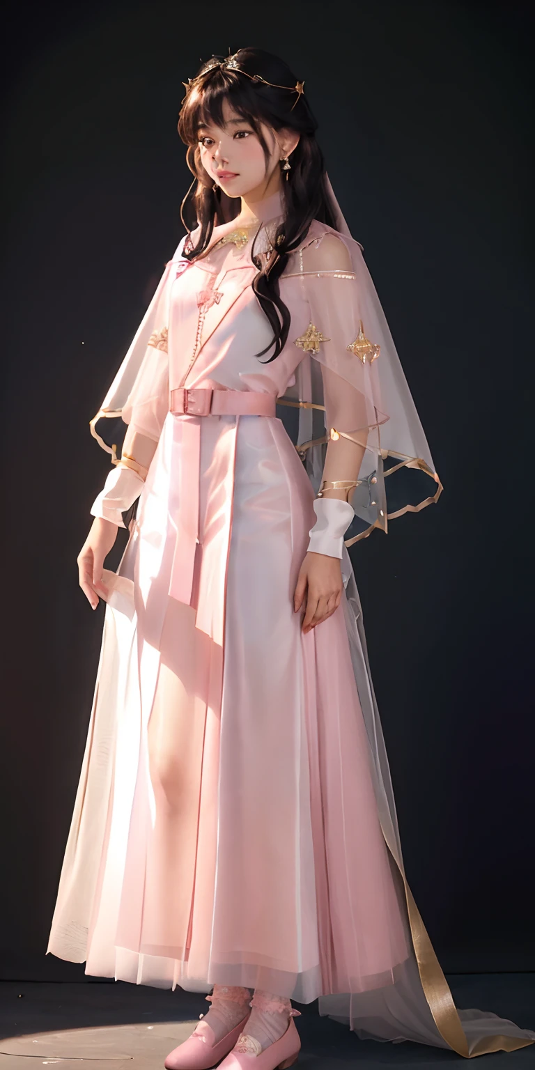 A 17-year-old girl, Super long, Flowing black hair.
	• Gentle facial features，There was a hint of mystery and confusion in his eyes.

Wearing a (Light pink:1.3) and light white dresses, Blended with subtle gold or silver details.
The dress combines elements of a pleated skirt and a flat skirt: The central part of the dress is flat, Although there are mild folds on the sides.
She has ((Light pink:1.3) Mary Jane shoes) collocation (White lace-trimmed socks)).
Slightly tightened puff sleeves，It reflects her calm and reserved nature.
A simple belt is tied around the waist, Holding a couple of small magic tools.
(semi transparent, tulle shawl:1.3)
Simple star-shaped earrings.
Her medieval dress was embroidered with magic symbols or runes.
	• Despite her great magic, Her overall appearance exudes a sense of understated elegance and gentleness.