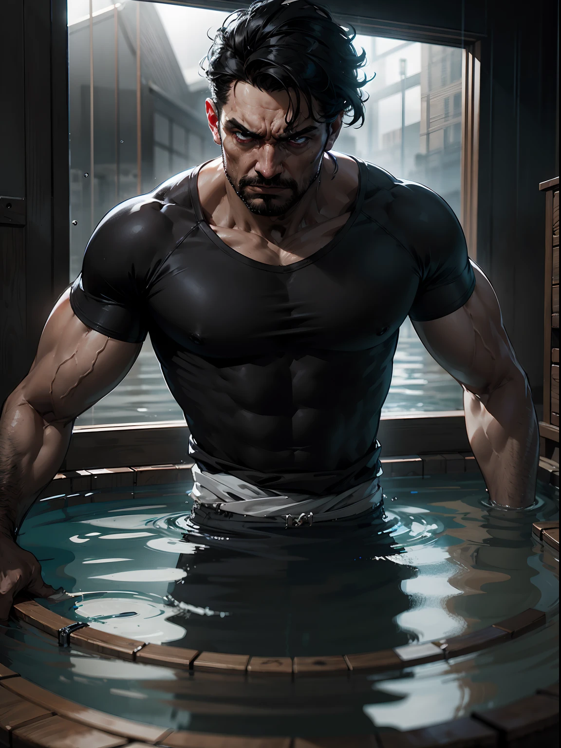 45-year-old Vegeta，eye glass，Single Eyelids，Oriental man，Boss，Shirtless man in underwear（The contour is raised），Bath bath，leg wide open，Tong，Full beard，lace Thong