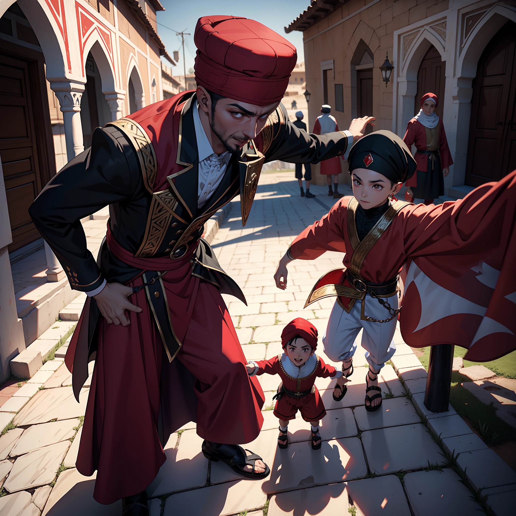 Legendary Dracula 10 Year Old Happy with Islamic moroccan Wear to play with a group of three Arab children wearing Islamic moroccan jelaba playing with him in red turban Black and White Line Drawing 3D Perspective Moroccan View Super Realistic Hyper Realistic Environment