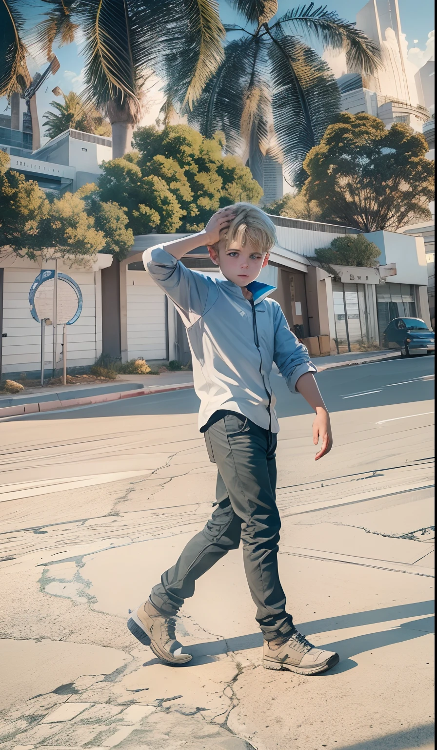Face of a boy with blond hair and big blue eyes, Against the backdrop of the world of tomorrow, Driven by Artificial Intelligence, in a very realistic 8K photo