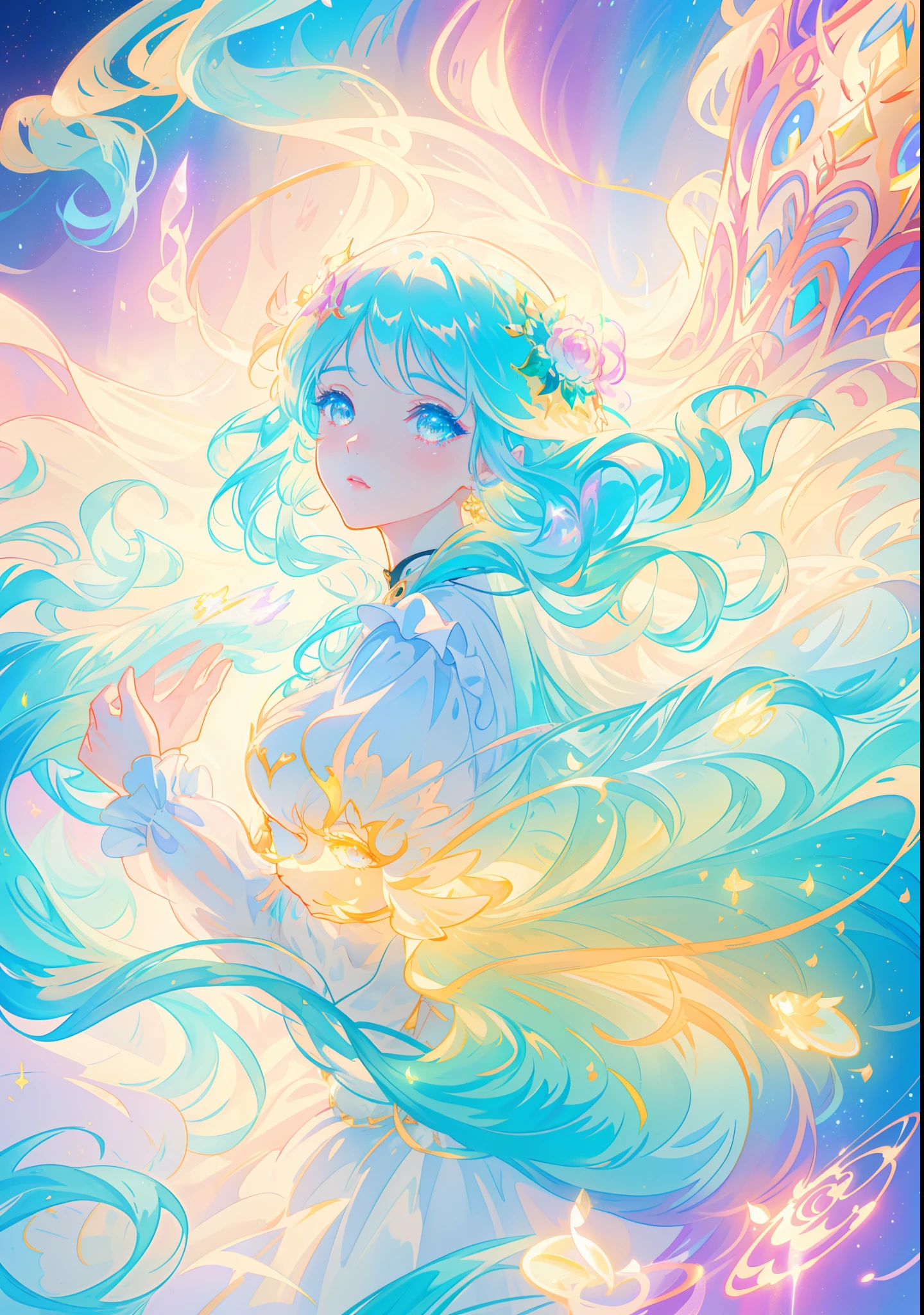beautiful girl, puffy tiered ballgown with puffy long sleeves, vibrant pastel colors, (colorful), glowing golden long hair, magical lights, sparkling magical liquid, inspired by Glen Keane, inspired by Lois van Baarle, disney art style, by Lois van Baarle, glowing aura around her, by Glen Keane, jen bartel, glowing lights! digital painting, flowing glowing hair, glowing flowing hair, beautiful digital illustration, fantasia background, whimsical, magical, fantasy, ((beautiful face)), ((masterpiece, best quality)), intricate details, highly detailed, sharp focus, 8k resolution, sparkling detailed eyes, liquid watercolor
