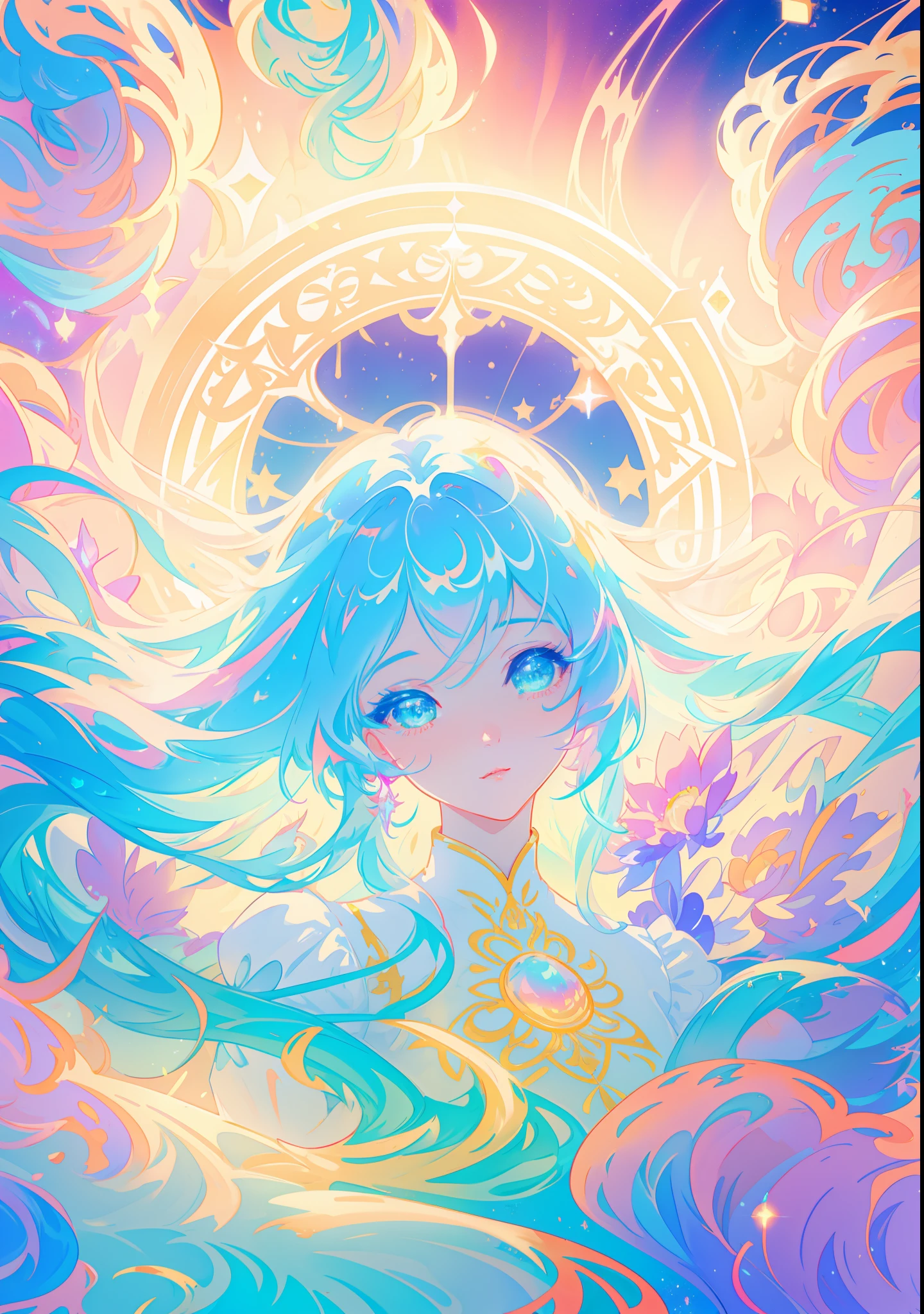 beautiful girl, puffy tiered ballgown with puffy long sleeves, vibrant pastel colors, (colorful), glowing golden long hair, magical lights, sparkling magical liquid, inspired by Glen Keane, inspired by Lois van Baarle, disney art style, by Lois van Baarle, glowing aura around her, by Glen Keane, jen bartel, glowing lights! digital painting, flowing glowing hair, glowing flowing hair, beautiful digital illustration, fantasia background, whimsical, magical, fantasy, ((beautiful face)), ((masterpiece, best quality)), intricate details, highly detailed, sharp focus, 8k resolution, sparkling detailed eyes, liquid watercolor
