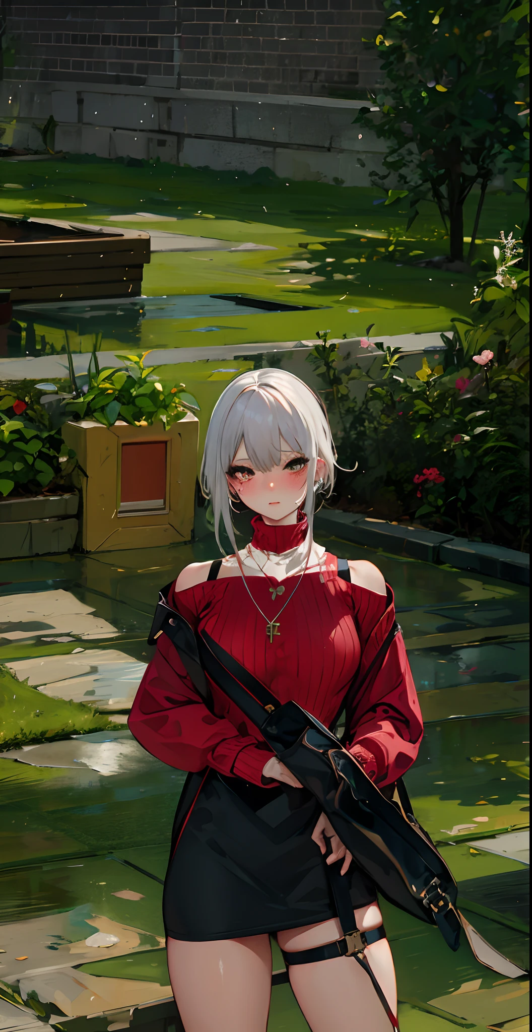 masterpiece, best quality, PIXIV, cowboy shot, white hair,
1girl, breasts, blush, sleeveless,jewelry, looking at viewer, skirt, necklace, solo, bag, sweater, turtleneck, sleeveless turtleneck, jacket, sleeveless sweater, long skirt, medium hair, handbag