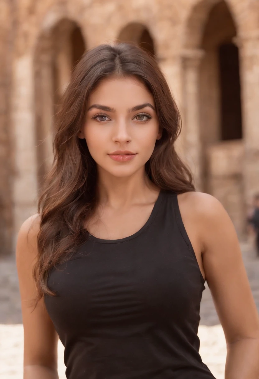 ((Italian tanned skin, Attractive Italian 25 year old teen)), ((Its beauty is undeniable)), ((Excited cute face)), ((Hyper Detailed Brown Eyes,)), ((Pose mignonne)), sexy, porter un t-shirt noir sur un pantalon marron, (( cheveux longs,)), (( peau)), ((assis, Vue de face)), ((toucher ses propres jambes dans une pose sexy)), watch the Colosseum in Rome, Sharp Focus CGI, photoreallistic, High detail, Realstic, Apparent facial defects, moles, Best quality, Hdr, High quality, high-definition, Extremely detailed, 8k wallpaper, Intricate details, 8K UHD, Full-HD, (photo realist:1.2), contraste, intense illumination, lighting cinematic, natural lighting, hard light, contre-jour, Illumination globale, occlusion ambiante, sein moyen 2.0