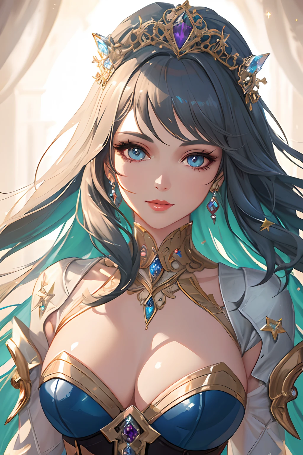 Majestic opulent glass robotic goddess,exquisite,crystal enchanted,delicate face,elegant,shiny,cyborg,corset suit,highly detailed,digital painting,smooth,sharp focus,stars,studio photo,intricate details,highly detailed,vibrant jewels,dynamic lighting,