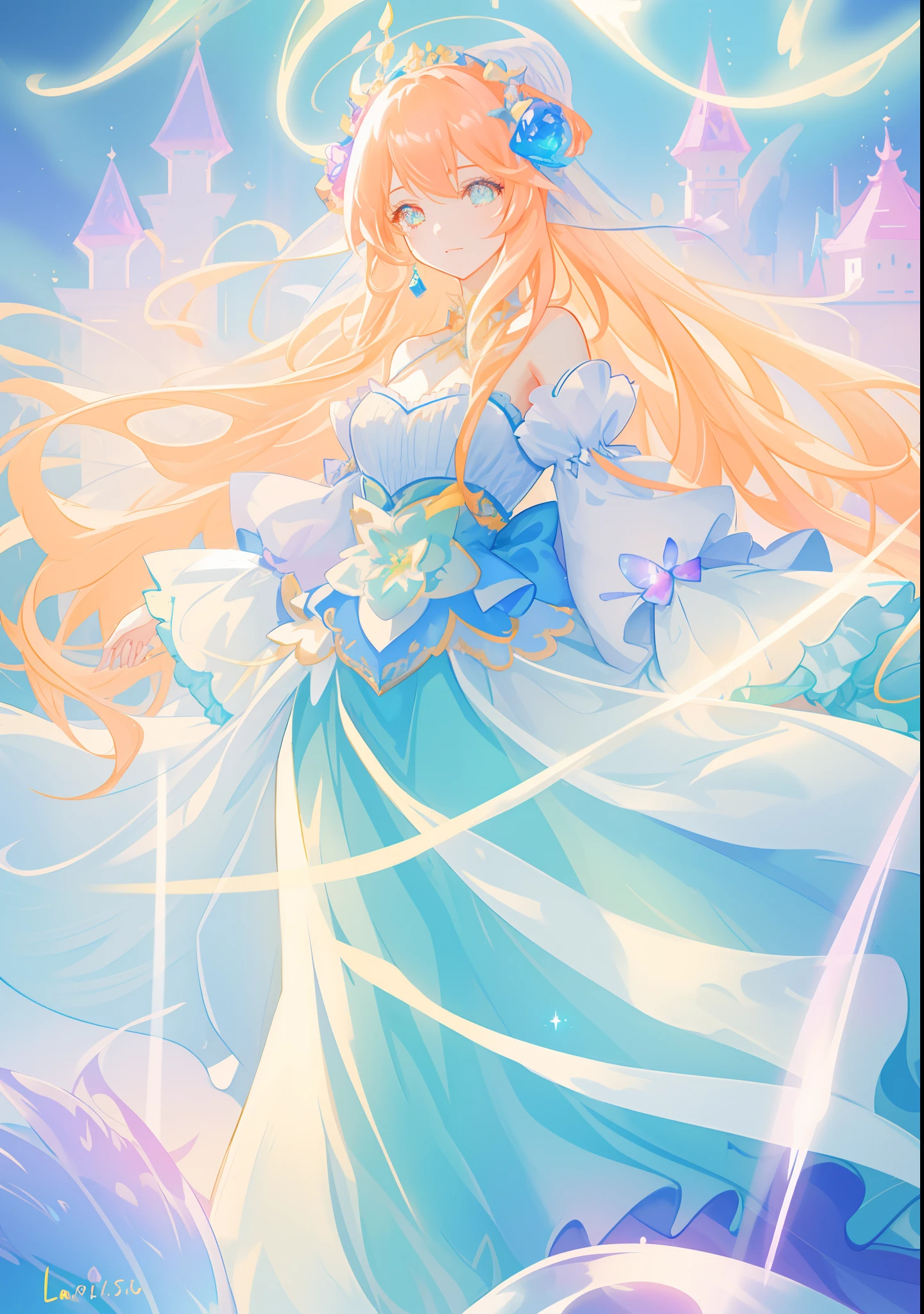 beautiful girl, puffy tiered ballgown with puffy long sleeves, vibrant pastel colors, (colorful), glowing golden long hair, magical lights, sparkling magical liquid, inspired by Glen Keane, inspired by Lois van Baarle, disney art style, by Lois van Baarle, glowing aura around her, by Glen Keane, jen bartel, glowing lights! digital painting, flowing glowing hair, glowing flowing hair, beautiful digital illustration, fantasia background, whimsical, magical, fantasy, ((beautiful face)), ((masterpiece, best quality)), intricate details, highly detailed, sharp focus, 8k resolution, sparkling detailed eyes, liquid watercolor