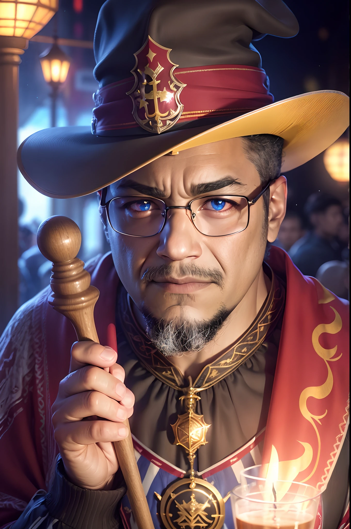 A wizard from Gryffindor house,beautiful detailed eyes,beautiful detailed lips,extremely detailed face,long eyelashes,(best quality,4k,8k,highres,masterpiece:1.2),ultra-detailed,(realistic,photorealistic,photo-realistic:1.37),magical robes and hat,holding a wand,standing in front of the Hogwarts castle,imposing posture,confident expression,backlit by the setting sun,vivid colors,warm color tones.