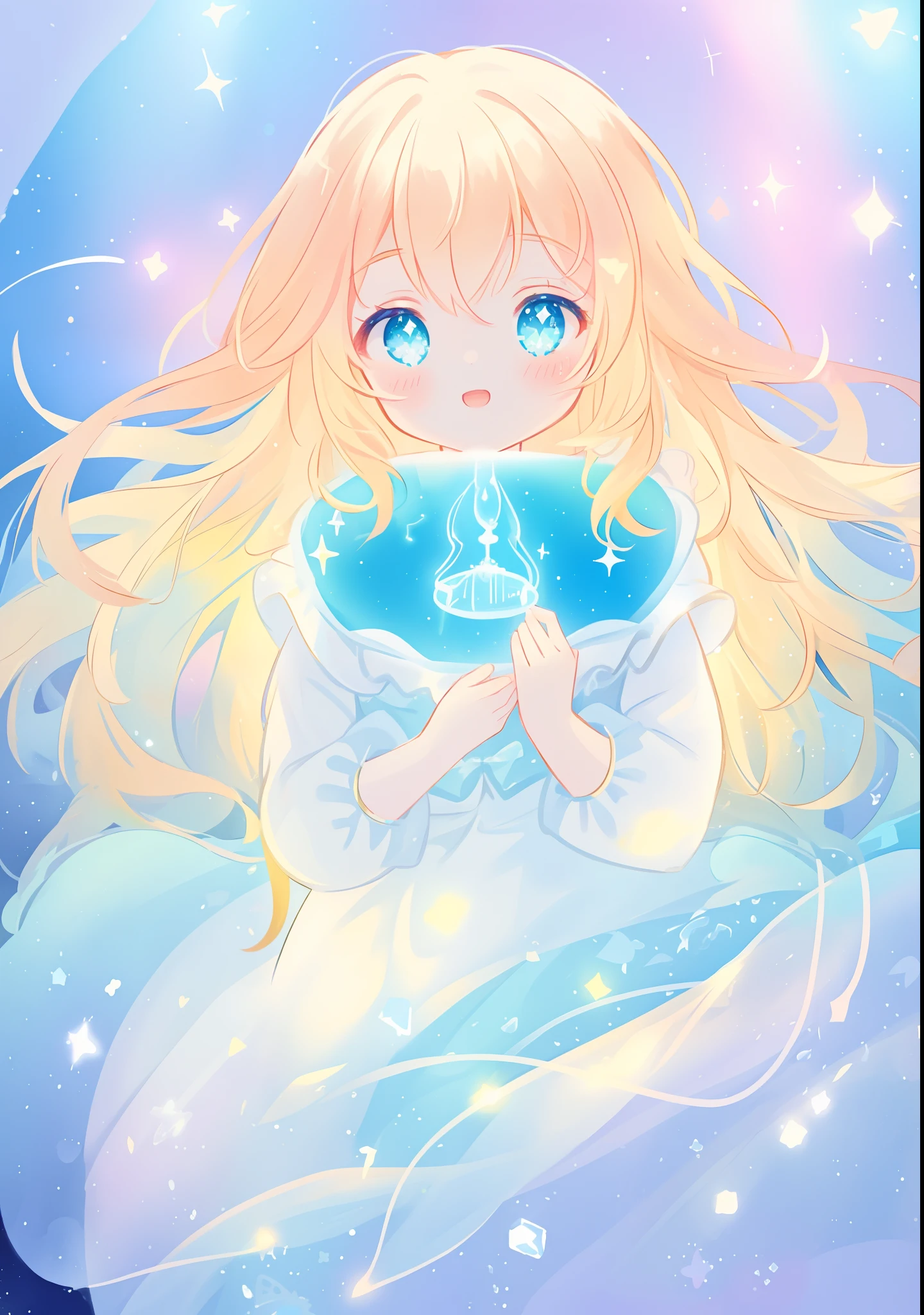 beautiful girl, puffy tiered ballgown with puffy long sleeves, vibrant pastel colors, (colorful), glowing golden long hair, magical lights, sparkling magical liquid, inspired by Glen Keane, inspired by Lois van Baarle, disney art style, by Lois van Baarle, glowing aura around her, by Glen Keane, jen bartel, glowing lights! digital painting, flowing glowing hair, glowing flowing hair, beautiful digital illustration, fantasia background, whimsical, magical, fantasy, ((beautiful face)), ((masterpiece, best quality)), intricate details, highly detailed, sharp focus, 8k resolution, sparkling detailed eyes, liquid watercolor