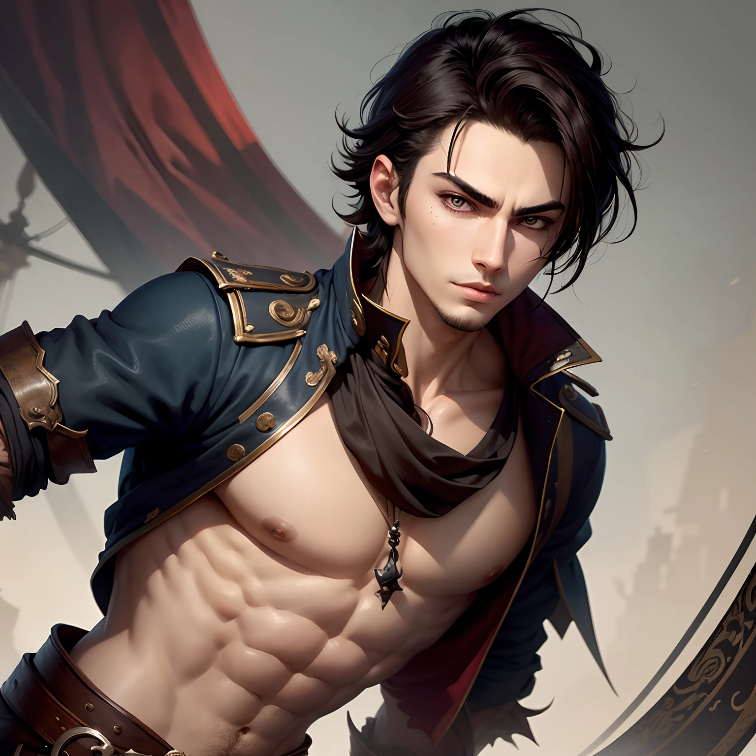 male young adult pirate, dark hair, attractive, beautiful, handsome, soft features, sharp eyes, alluring, surreal,  simple vector art, contemporary Chinese art, anime