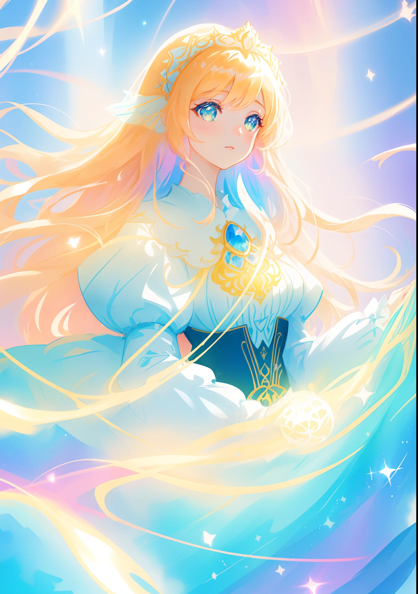 beautiful girl, puffy tiered ballgown with puffy long sleeves, vibrant pastel colors, (colorful), glowing golden long hair, magical lights, sparkling magical liquid, inspired by Glen Keane, inspired by Lois van Baarle, disney art style, by Lois van Baarle, glowing aura around her, by Glen Keane, jen bartel, glowing lights! digital painting, flowing glowing hair, glowing flowing hair, beautiful digital illustration, fantasia background, whimsical, magical, fantasy, ((beautiful face)), ((masterpiece, best quality)), intricate details, highly detailed, sharp focus, 8k resolution, sparkling detailed eyes, liquid watercolor