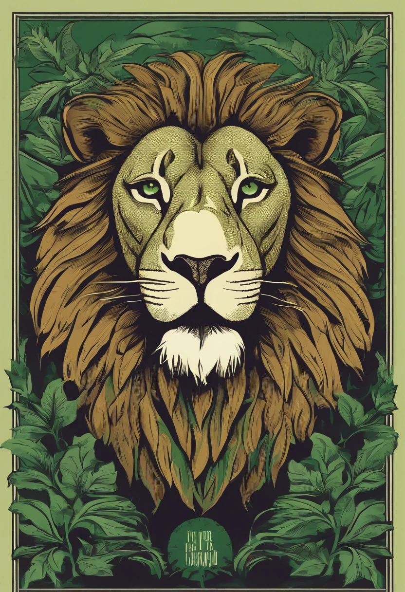 /imagine prompt:design to a t-shirt lion illustration for a sticker with a green background, in bold outline style, jagged edges, trashcore, light shading --v 5.2