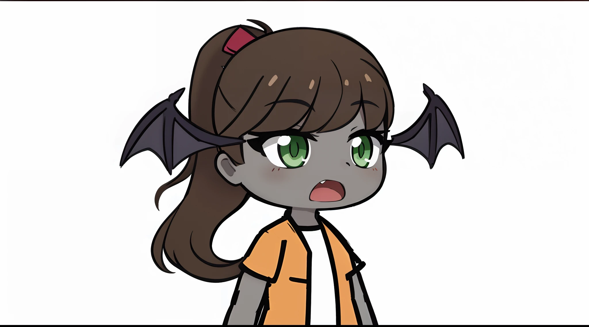 A girl, grey skin, green colored eyes, Brown hair, Hair pulled back in a ponytail, Wings of a bat from the head, opened mouth