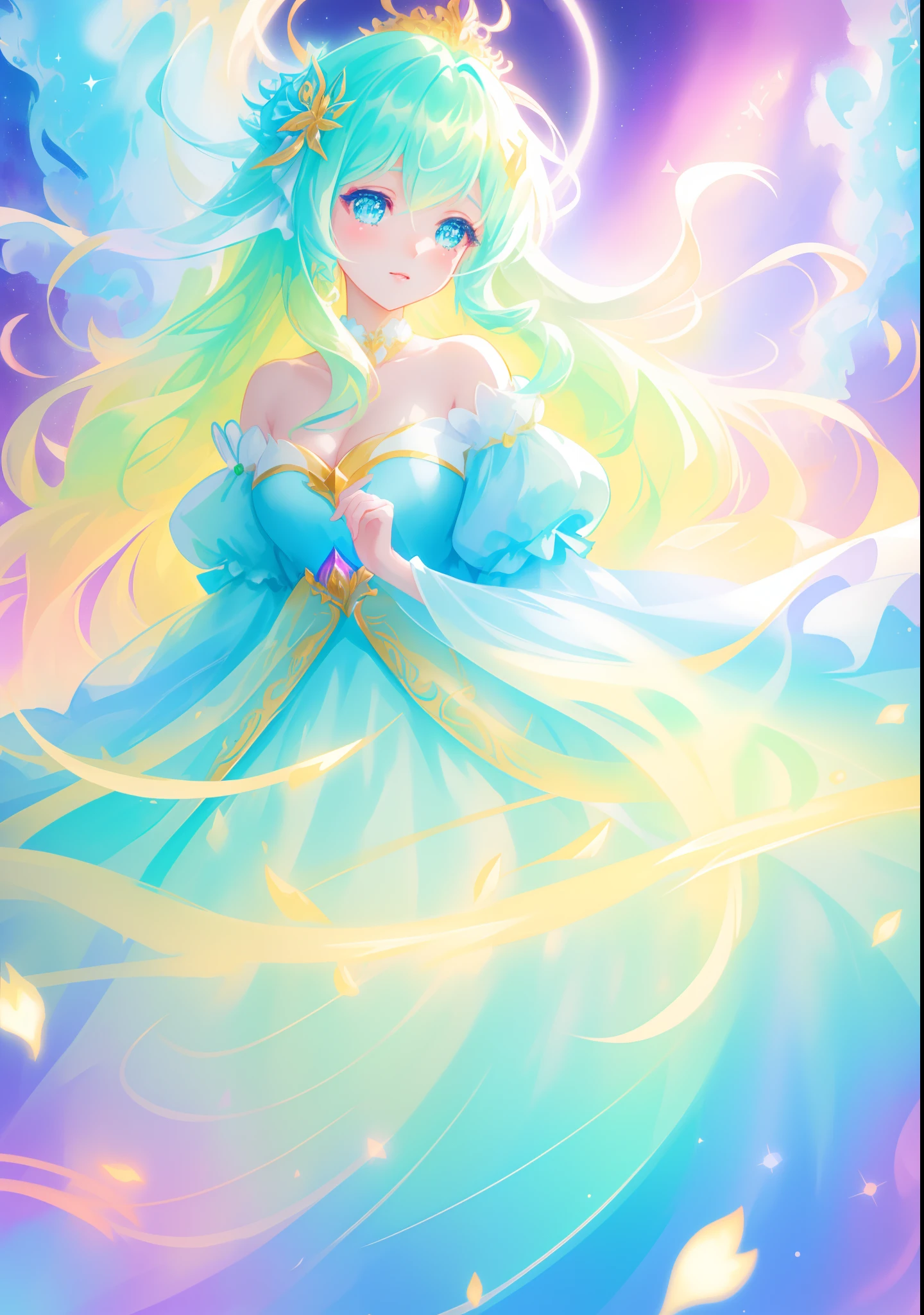 beautiful girl, puffy tiered ballgown with puffy long sleeves, vibrant pastel colors, (colorful), glowing golden long hair, magical lights, sparkling magical liquid, inspired by Glen Keane, inspired by Lois van Baarle, disney art style, by Lois van Baarle, glowing aura around her, by Glen Keane, jen bartel, glowing lights! digital painting, flowing glowing hair, glowing flowing hair, beautiful digital illustration, fantasia background, whimsical, magical, fantasy, ((beautiful face)), ((masterpiece, best quality)), intricate details, highly detailed, sharp focus, 8k resolution, sparkling detailed eyes, liquid watercolor