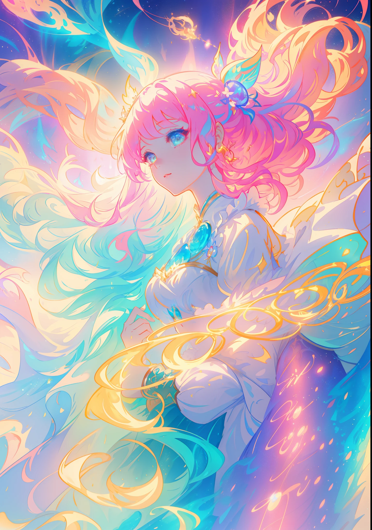 beautiful girl, puffy tiered ballgown with puffy long sleeves, vibrant pastel colors, (colorful), glowing golden long hair, magical lights, sparkling magical liquid, inspired by Glen Keane, inspired by Lois van Baarle, disney art style, by Lois van Baarle, glowing aura around her, by Glen Keane, jen bartel, glowing lights! digital painting, flowing glowing hair, glowing flowing hair, beautiful digital illustration, fantasia background, whimsical, magical, fantasy, ((beautiful face)), ((masterpiece, best quality)), intricate details, highly detailed, sharp focus, 8k resolution, sparkling detailed eyes, liquid watercolor