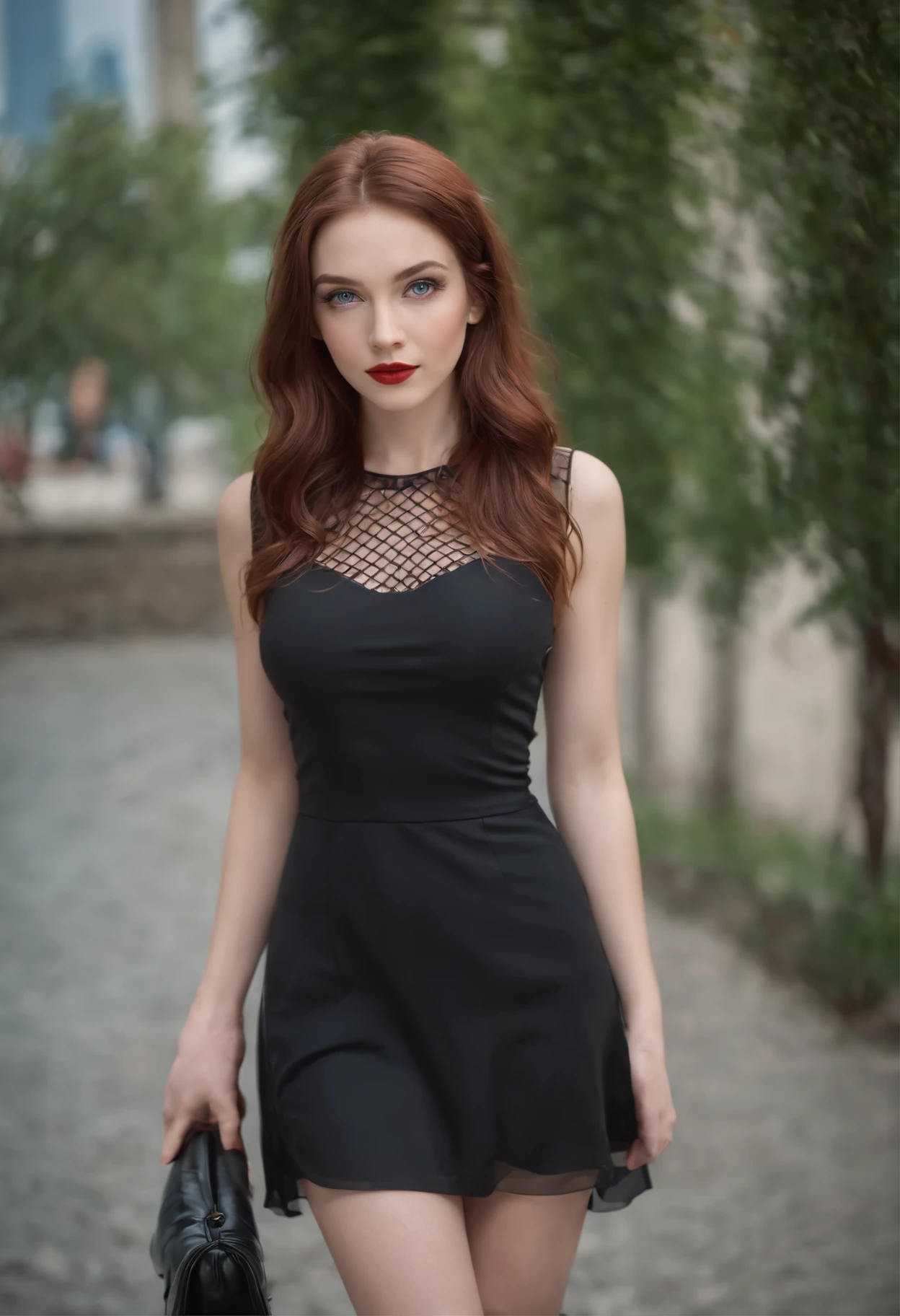 smirking reddish brown hair girl, blue eyes, beautiful, full body, small breasts, wearing a black short dress with fishnet stockings, high heels on feet, red lipstick