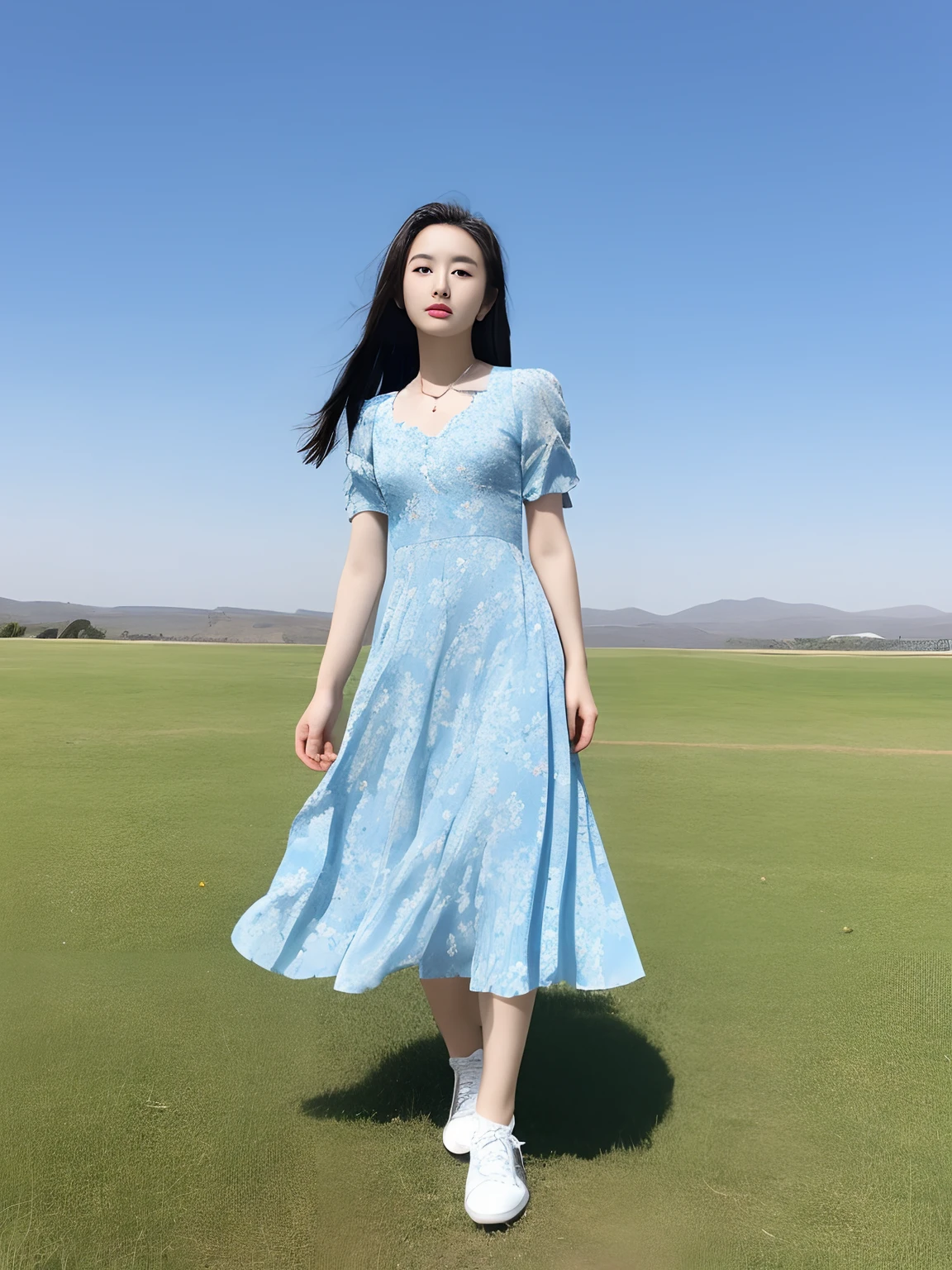 Sky blue floral dress with little white shoes，There is a bit of elegance in purity。The chest of the dress was opened a little low，Plus the design of balloon sleeves，The peaks on Miss Fan's chest became more and more towering。