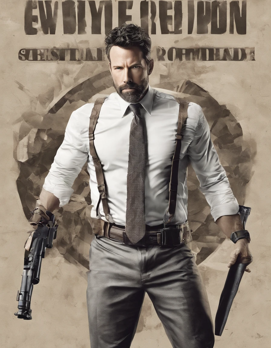 Ben Affleck in a pose that exudes strength and resilience. Capture the determination and confidence in his stance and expression.