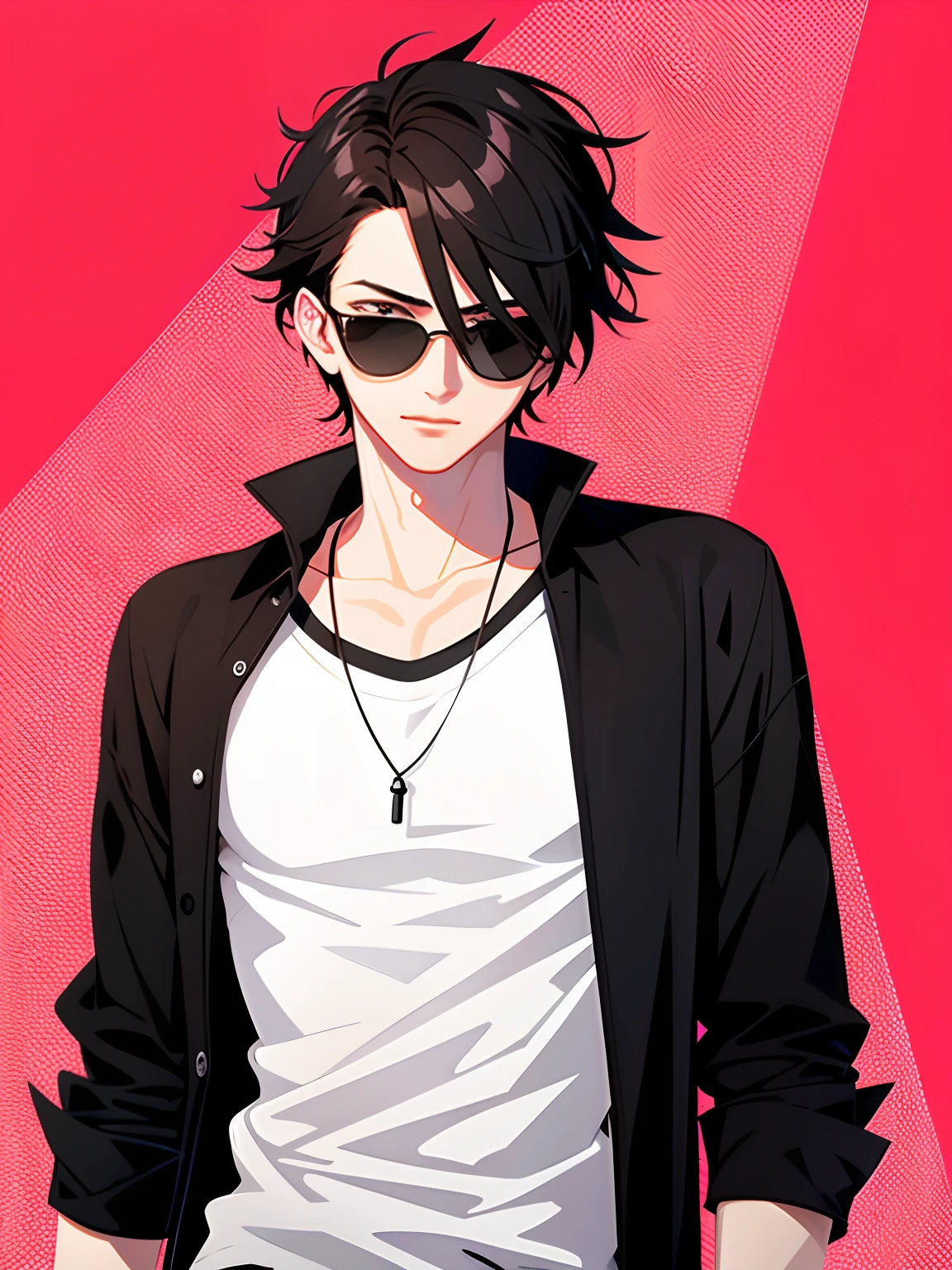 A young Handsome anime boy With black open shirt and white t shirt and black sunglass , red background , hyper realistic