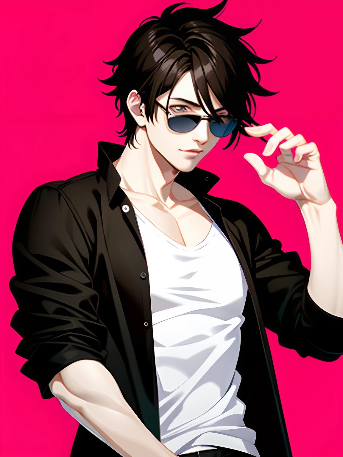 A young Handsome anime boy With black open shirt and white t shirt and black sunglass , red background , hyper realistic