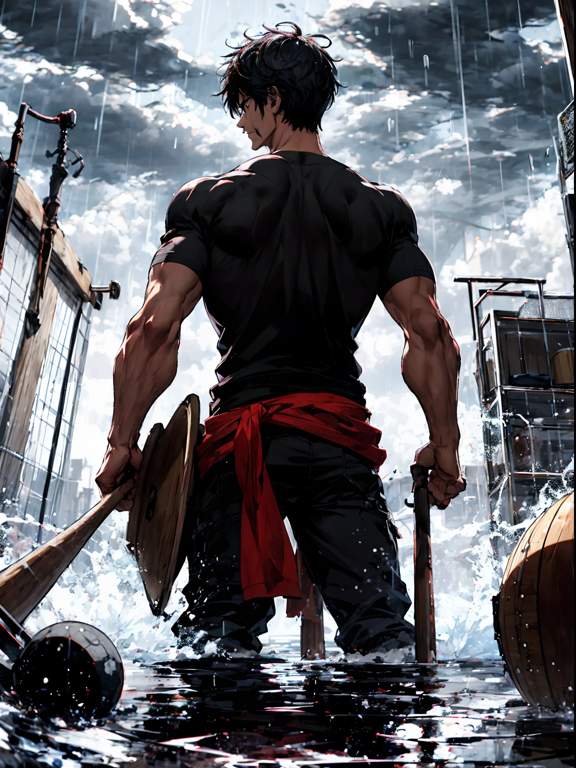 1hombre .Eyes bathed in anger, cabello largo mojado negro, glass barrel bottom, mirando al espectador, fondo de pantalla CG 8k extremadamente detallado,lluvia intensa de una tormenta