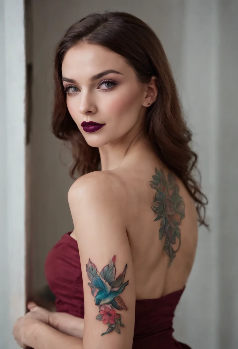 sorrindo menina de cabelo castanho avermelhado, olhos azuis, Beautiful and delicious, corpo inteiro, seios pequenos e peito largo, usando um vestido curto de couro com meias rede de peixe, high heels on her feet, (((matte purple lipstick on the lips))), (((Colorful tattoo on right arm))), (((unhas pintadas de vermelho))), Standing and staring straight ahead, Whole-body vision