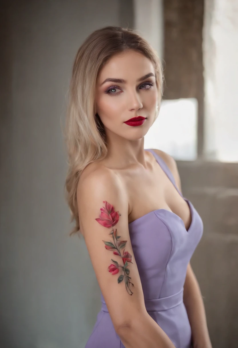 sorrindo de cabelo castanho avermelhado, olhos azuis, Beautiful and delicious, corpo inteiro, seios pequenos e peito largo, usando um vestido curto de couro com meias rede de peixe, high heels on her feet, (((matte purple lipstick on the lips))), (((Colorful tattoo on right arm))), (((unhas pintadas de vermelho))), Standing and staring straight ahead, Whole-body vision