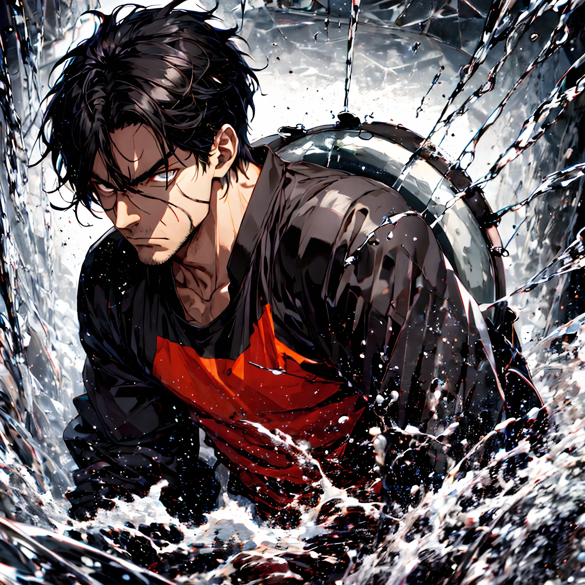 1hombre .Eyes bathed in anger, cabello largo mojado negro, glass barrel bottom, mirando al espectador, fondo de pantalla CG 8k extremadamente detallado,lluvia intensa de una tormenta
