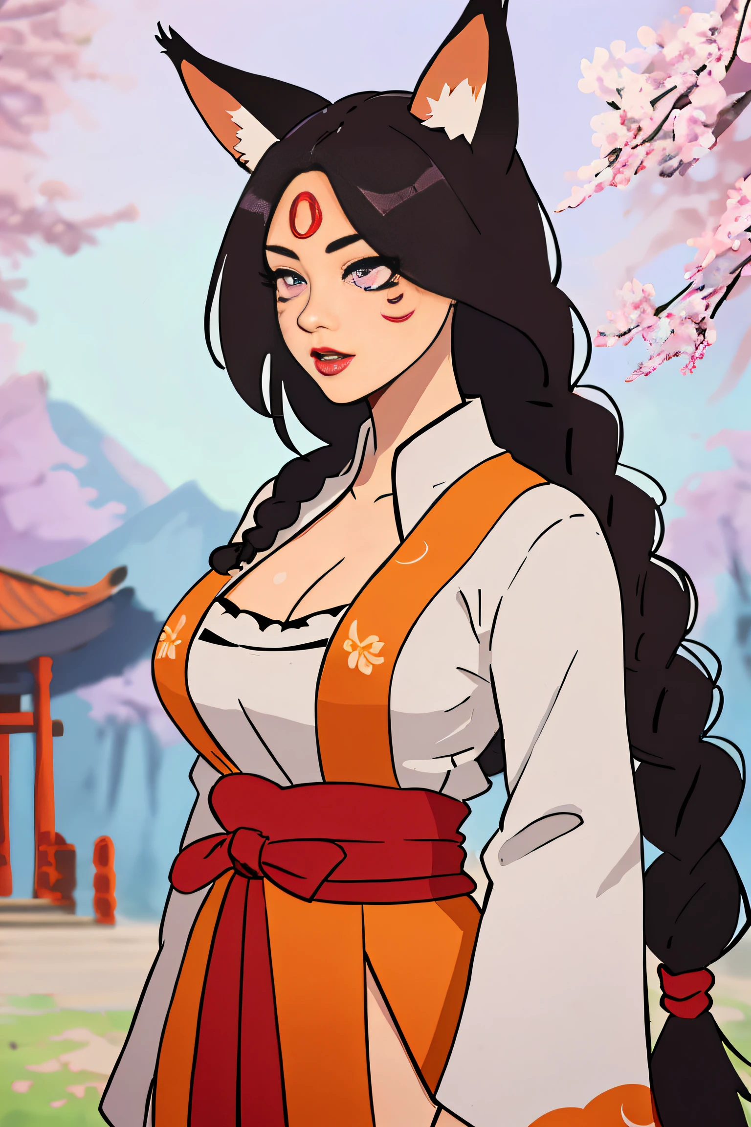 1girl, solo, long hair, large breasts, black hair, animal ears, cleavage, tail, purple eyes, upper body, parted lips, looking to the side, fox ears, fox tail, facial mark, looking away, slit pupils, multiple tails, whisker markings, miko clothing , in temple, beautiful, large breast, full body, miko clothing, braided hair, braided hair, long braid, red lipstick, beautiful face