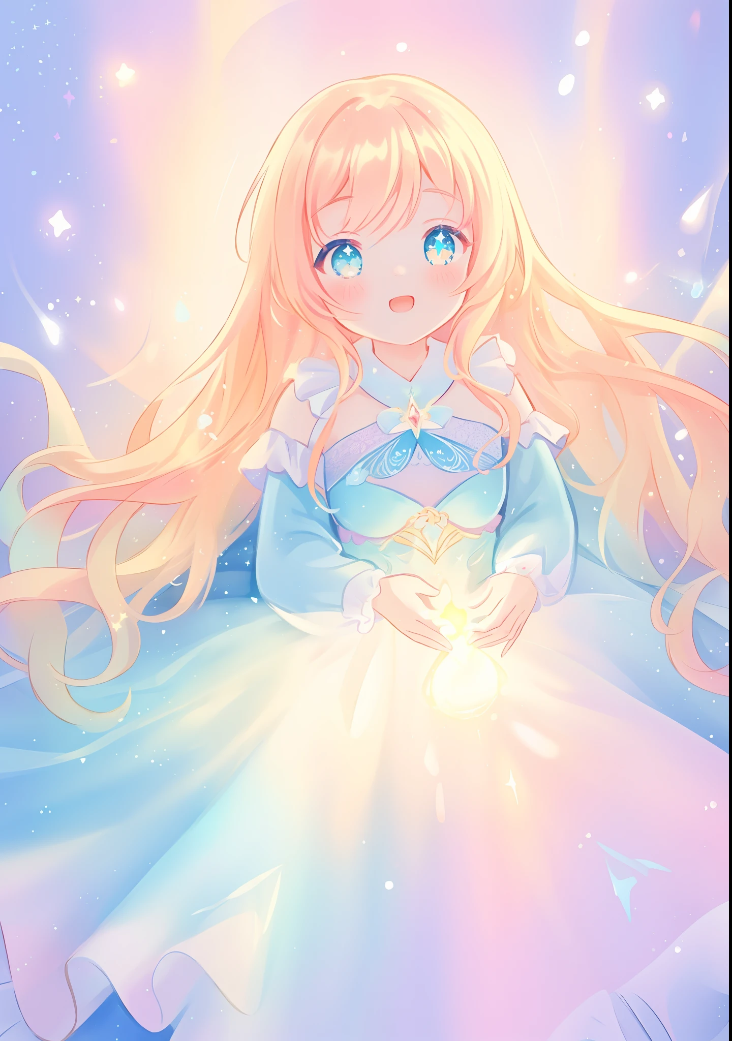 beautiful girl, puffy tiered ballgown with puffy long sleeves, vibrant pastel colors, (colorful), glowing golden long hair, magical lights, sparkling magical liquid, inspired by Glen Keane, inspired by Lois van Baarle, disney art style, by Lois van Baarle, glowing aura around her, by Glen Keane, jen bartel, glowing lights! digital painting, flowing glowing hair, glowing flowing hair, beautiful digital illustration, fantasia background, whimsical, magical, fantasy, ((beautiful face)), ((masterpiece, best quality)), intricate details, highly detailed, sharp focus, 8k resolution, sparkling detailed eyes, liquid watercolor