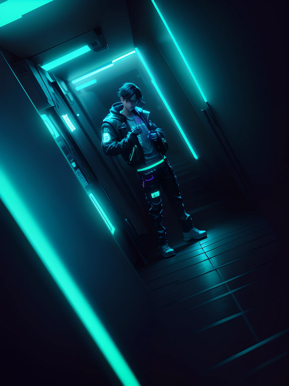 Change background to neon background, cyberpunk smart boy, ultra realistic