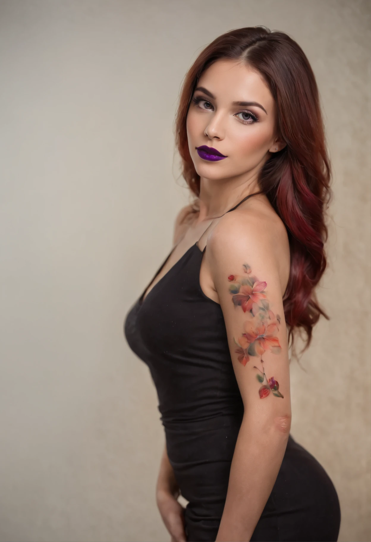 sorrindo menina de cabelo castanho avermelhado, olhos azuis, Beautiful and delicious, corpo inteiro, seios pequenos e peito largo, usando um vestido curto de couro com meias rede de peixe, high heels on her feet, (((matte purple lipstick on the lips))), (((Colorful tattoo on right arm))), (((unhas pintadas de vermelho))), Standing and staring straight ahead, Whole-body vision