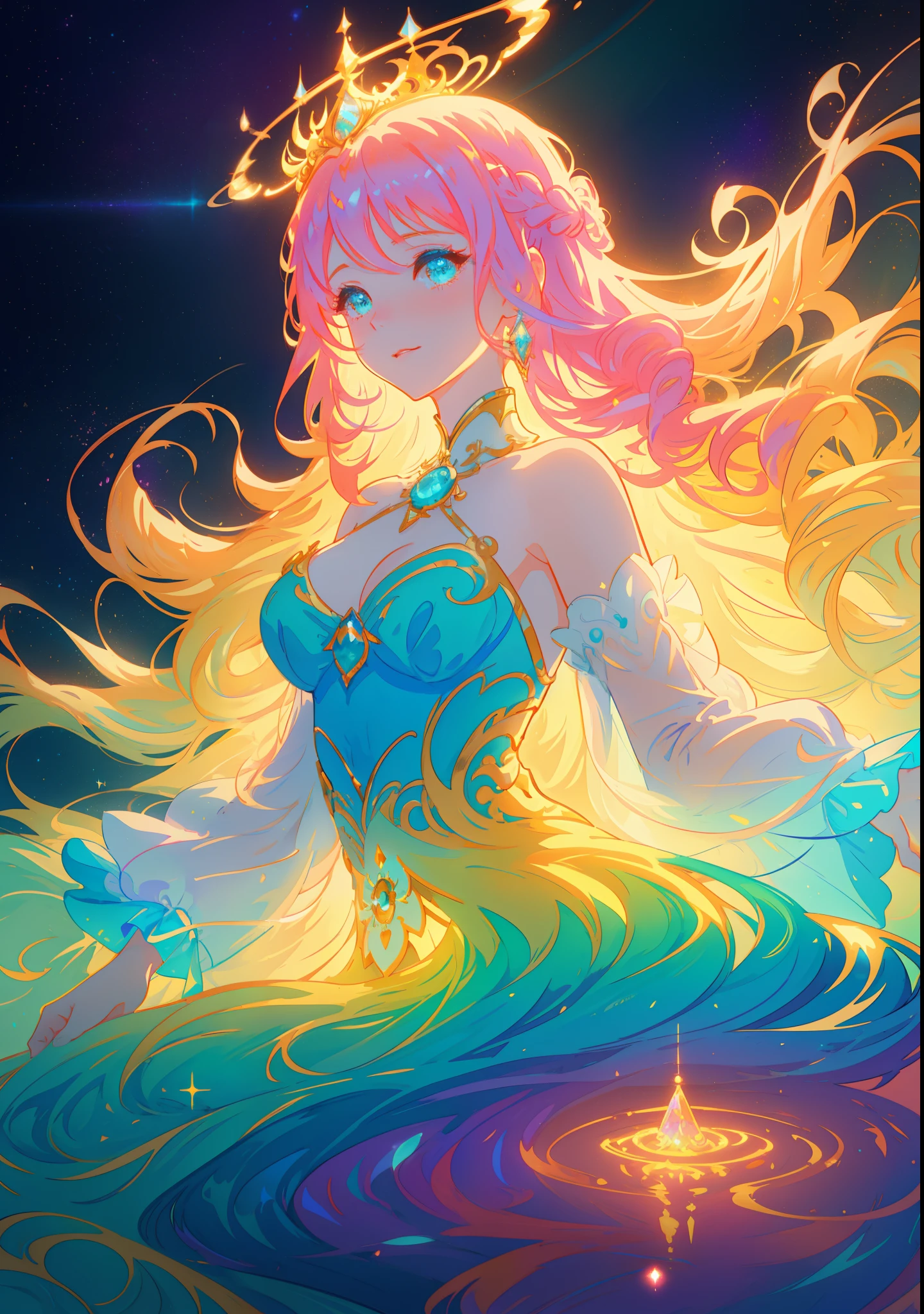 beautiful girl, puffy tiered ballgown with puffy long sleeves, vibrant pastel colors, (colorful), glowing golden long hair, magical lights, sparkling magical liquid, inspired by Glen Keane, inspired by Lois van Baarle, disney art style, by Lois van Baarle, glowing aura around her, by Glen Keane, jen bartel, glowing lights! digital painting, flowing glowing hair, glowing flowing hair, beautiful digital illustration, fantasia background, whimsical, magical, fantasy, ((beautiful face)), ((masterpiece, best quality)), intricate details, highly detailed, sharp focus, 8k resolution, sparkling detailed eyes, liquid watercolor
