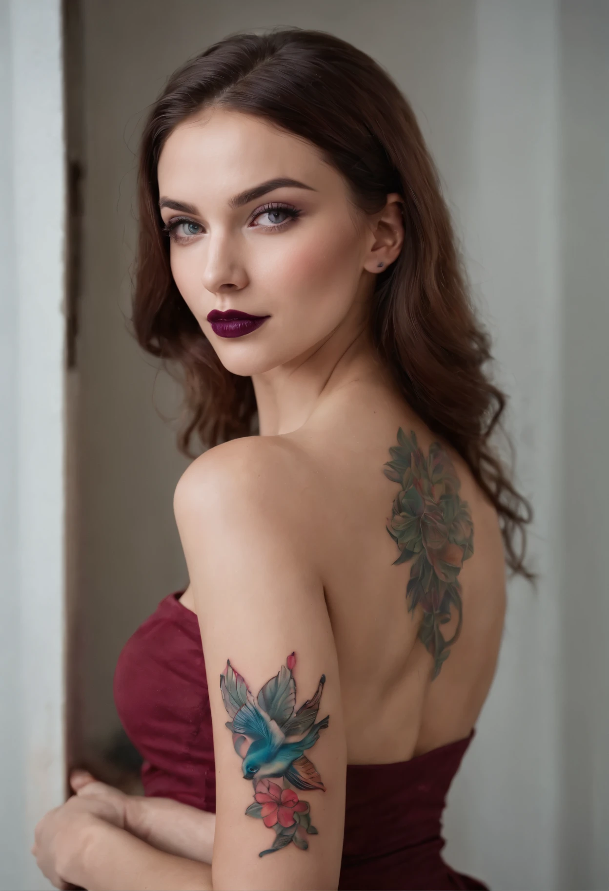 sorrindo menina de cabelo castanho avermelhado, olhos azuis, Beautiful and delicious, corpo inteiro, seios pequenos e peito largo, usando um vestido curto de couro com meias rede de peixe, high heels on her feet, (((matte purple lipstick on the lips))), (((Colorful tattoo on right arm))), (((unhas pintadas de vermelho))), Standing and staring straight ahead, Whole-body vision