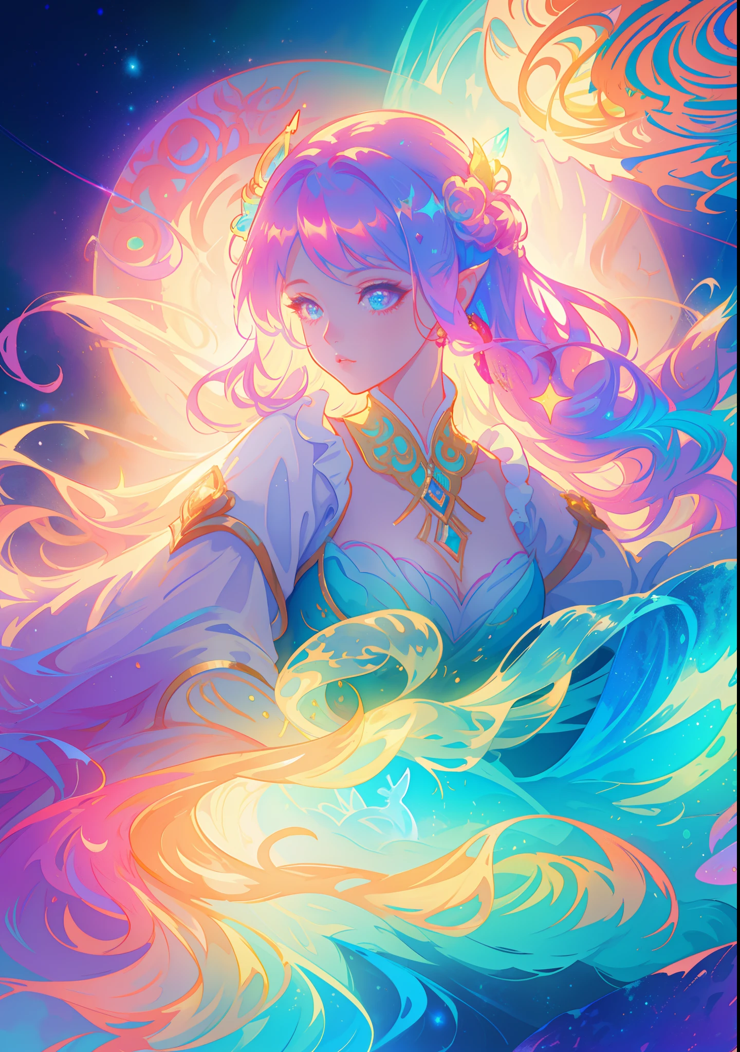 beautiful girl, puffy tiered ballgown with puffy long sleeves, vibrant pastel colors, (colorful), glowing golden long hair, magical lights, sparkling magical liquid, inspired by Glen Keane, inspired by Lois van Baarle, disney art style, by Lois van Baarle, glowing aura around her, by Glen Keane, jen bartel, glowing lights! digital painting, flowing glowing hair, glowing flowing hair, beautiful digital illustration, fantasia background, whimsical, magical, fantasy, ((beautiful face)), ((masterpiece, best quality)), intricate details, highly detailed, sharp focus, 8k resolution, sparkling detailed eyes, liquid watercolor