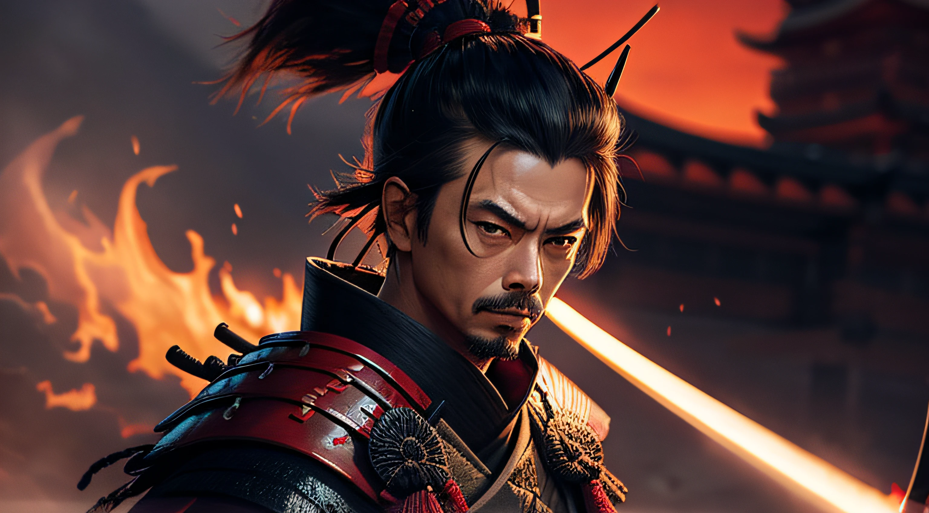 A man in a red and black outfit holding a sword - SeaArt AI