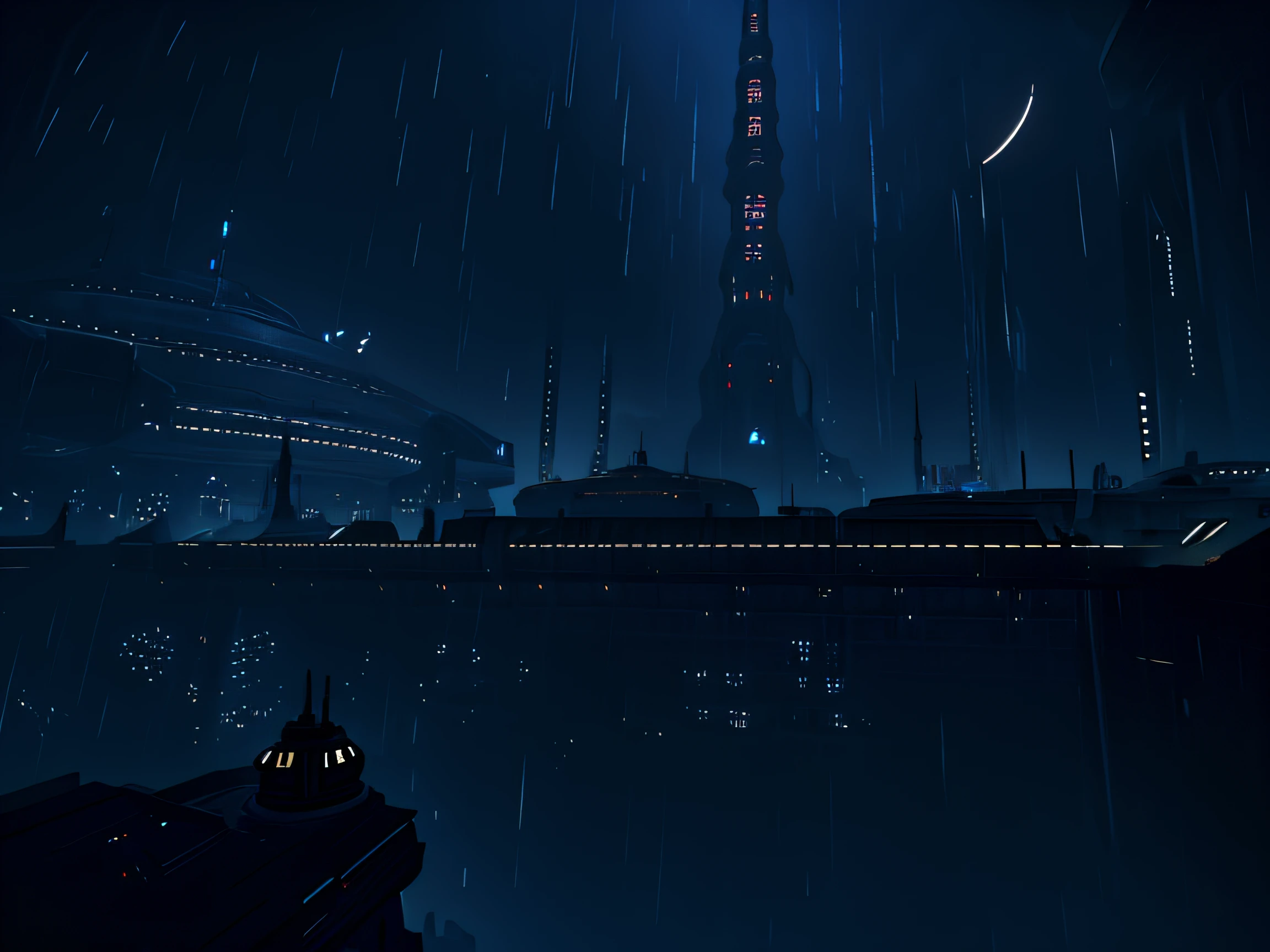 the jedi temple on coruscant on a dark rainy night