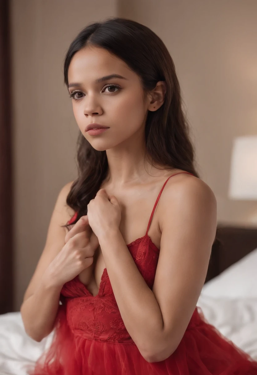 Jenna Ortega, beautiful, red lingerie, big boobs, (Jenna Ortega face), sitting on edge of bed, portrait, 4k, aheago face, holding breasts in hands, dildo in her mouth 1:3