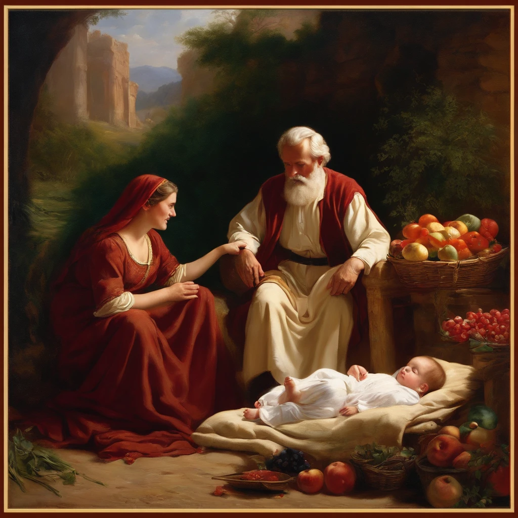 Produce an image showcasing Abraham and Sarah's astonishment upon learning they would have a child in their old age.