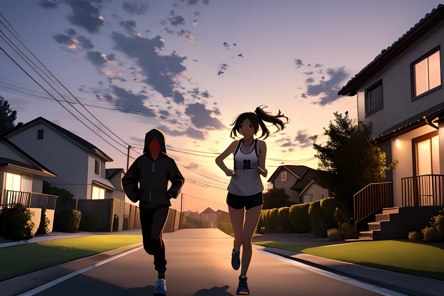 Masterpiece, house, seen from the front, girl running to exercise in the residential neighborhood of her house wearing hooded tank top, dusk,