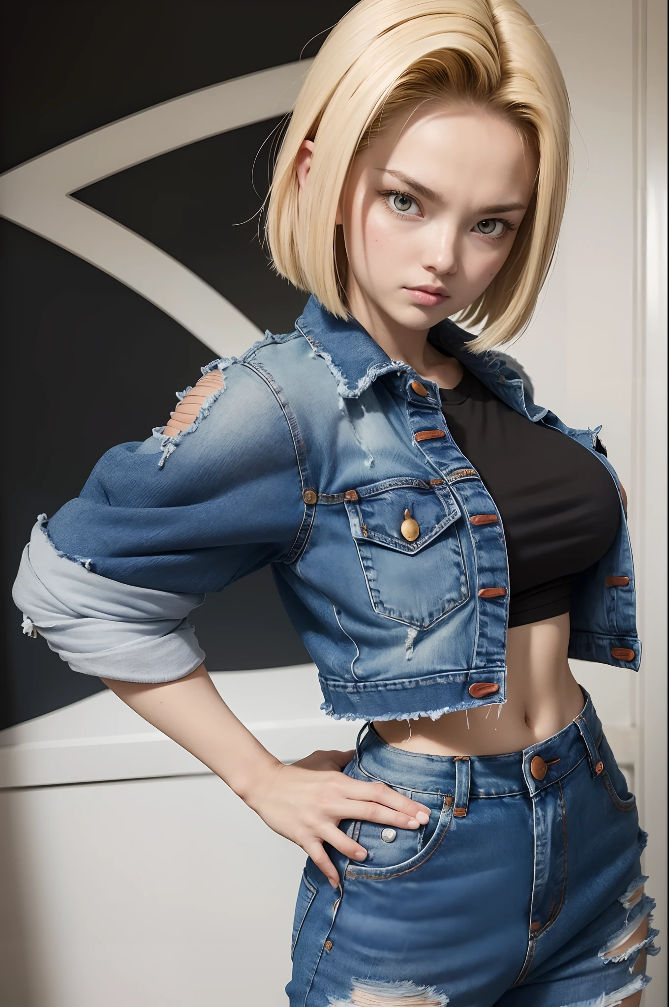 imagem hiper detalhada, UHD, 16k, foto profissional, (Foto realista do Android-18 de Dragon Ball Z) ****** deusa da beleza, cabelos loiros curtos muito lisos, severe facial expression, ((Ela usa uma jaqueta jeans azul e uma camisa branca cropped, Short white underground showing breast meat)), Erotic, jaqueta jeans aberta mostrando seu grande, Seios lindos e perfeitos, (seios, longos seios pontiagudos saindo da jaqueta), ela usa um cinto e um (saia jeans azul levantada mostrando micro calcinha presa no , cabelo bubian mostrando), Botas marrons, perfect hands and fingers,
  Android 18, garota saiyajin sexy, Arte Oficial, Android-18 Sexy feminino, arte oficial do personagem, protagonista feminina sexy, corpo curvo magro e em forma :8, Akiri Toriyama, Diretor: Akira Toriyama, Bulma de Dragon Ball, Melhor Design de Personagem Anime, Akira Toriyama's stroke style, Cute single character, seminua