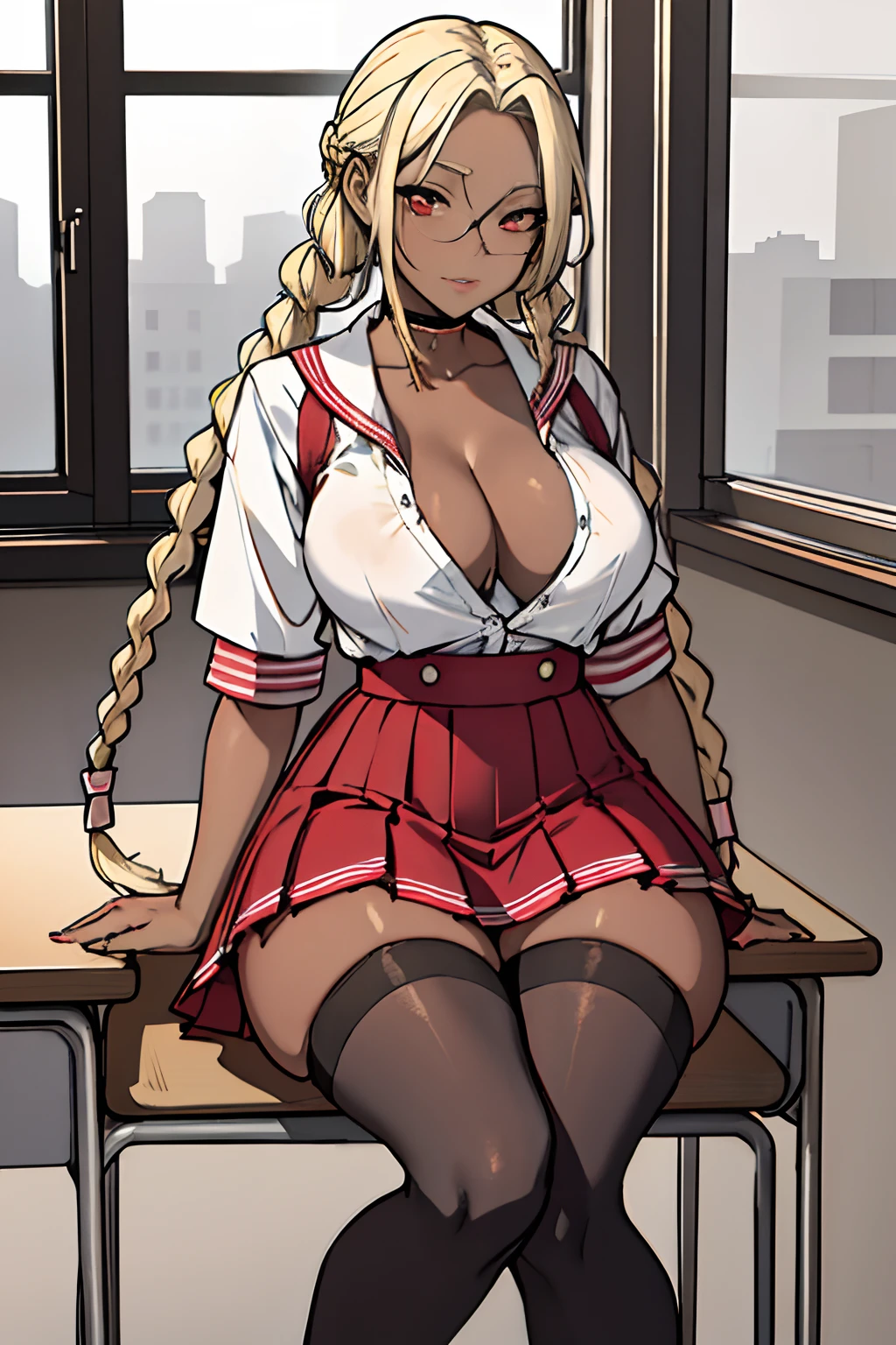 (masterpiece:1.2, best quality), 1lady, solo, 21 year old adult, school uniform, classroom, day, sit, blonde, long thick twin braids,red eyes, open collarbone, darkskin, (open breasts:1.1), big tits cleavage, thigh high stockings, pussy slip, perfect labia,