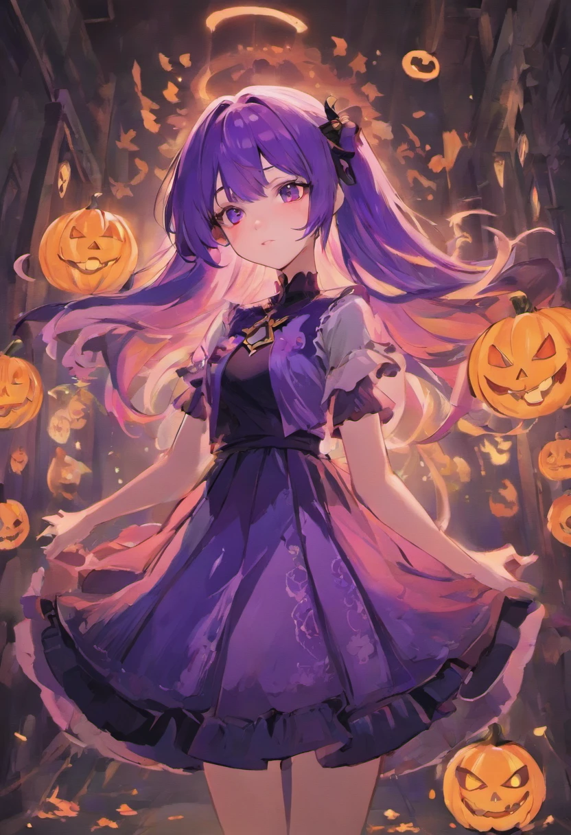 strikingly realistic yet anime-style depiction of a girl with long, vibrant purple hair. She should be donned in a unique Halloween-themed skirt featuring playful, spooky patterns like bats, ghosts, and pumpkins. The girl's attire should be completed with a black crop top and matching knee-high boots. Her eyes should possess a captivating shade of violet, reflecting her enchanting appearance. Render her in a dynamic pose that exudes confidence and charisma, and set the scene against a moonlit backdrop with a hint of eerie ambiance, enhancing the Halloween atmosphere
