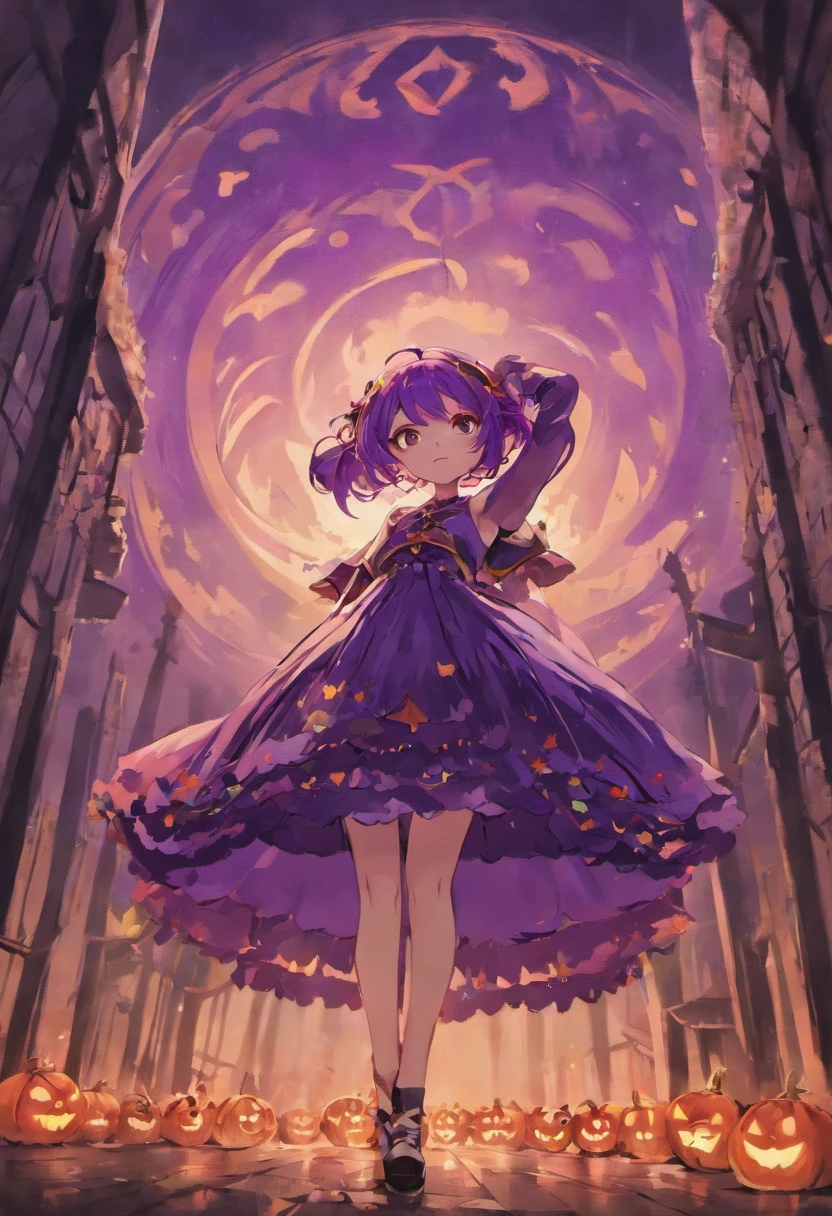 strikingly realistic yet anime-style depiction of a girl with long, vibrant purple hair. She should be donned in a unique Halloween-themed skirt featuring playful, spooky patterns like bats, ghosts, and pumpkins. The girl's attire should be completed with a black crop top and matching knee-high boots. Her eyes should possess a captivating shade of violet, reflecting her enchanting appearance. Render her in a dynamic pose that exudes confidence and charisma, and set the scene against a moonlit backdrop with a hint of eerie ambiance, enhancing the Halloween atmosphere