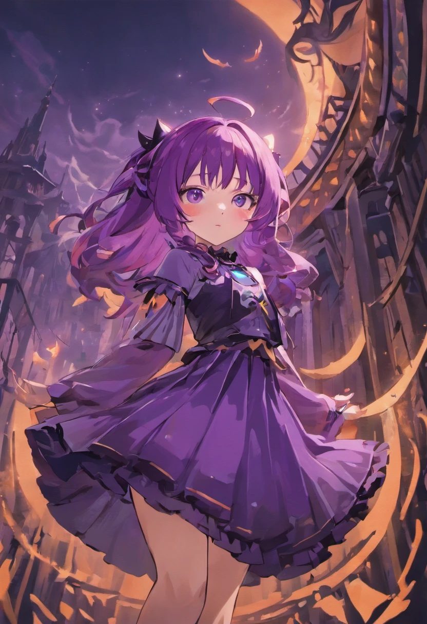 strikingly realistic yet anime-style depiction of a girl with long, vibrant purple hair. She should be donned in a unique Halloween-themed skirt featuring playful, spooky patterns like bats, ghosts, and pumpkins. The girl's attire should be completed with a black crop top and matching knee-high boots. Her eyes should possess a captivating shade of violet, reflecting her enchanting appearance. Render her in a dynamic pose that exudes confidence and charisma, and set the scene against a moonlit backdrop with a hint of eerie ambiance, enhancing the Halloween atmosphere