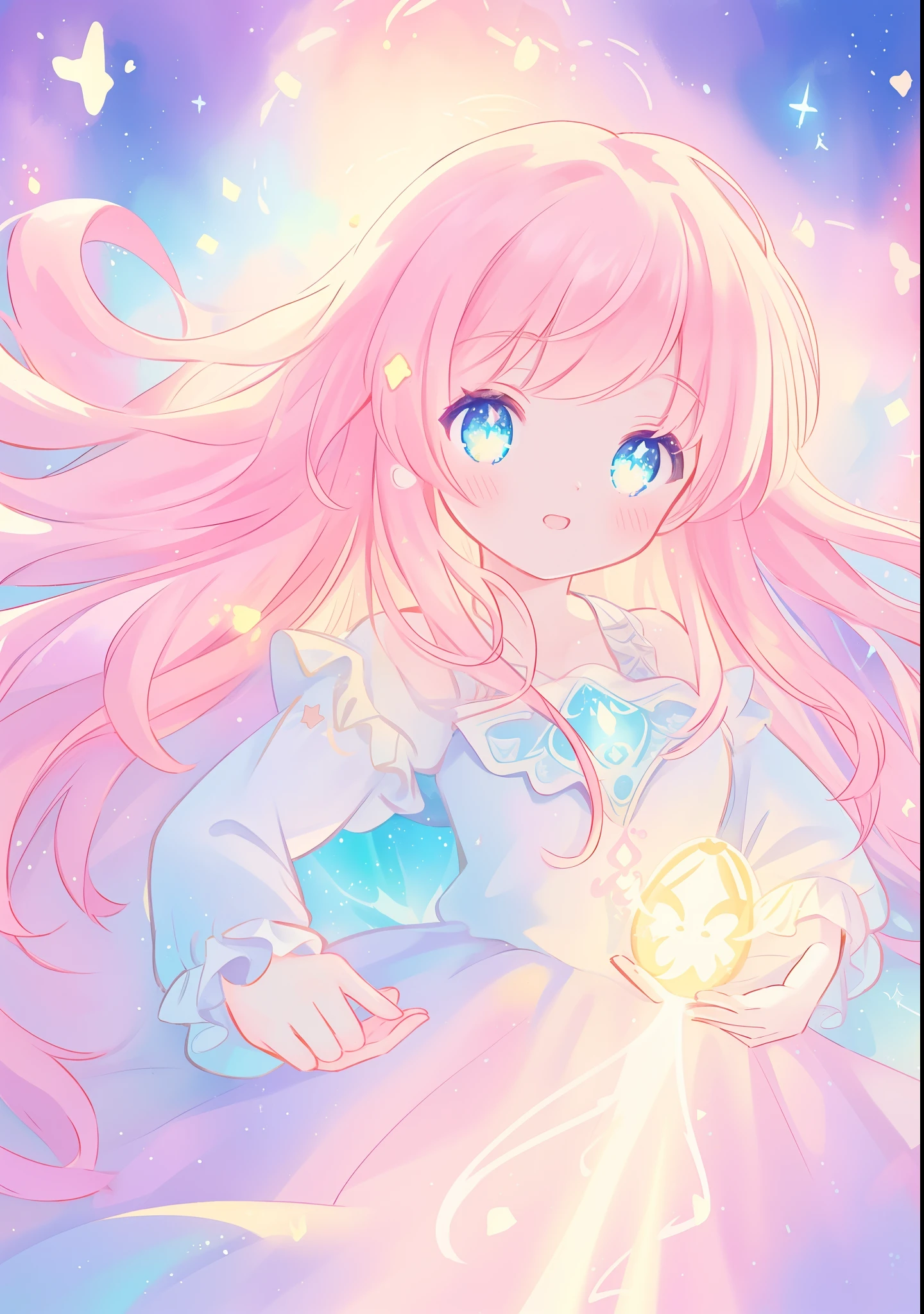 beautiful girl, puffy tiered ballgown with puffy long sleeves, vibrant pastel colors, (colorful), glowing golden long hair, magical lights, sparkling magical liquid, inspired by Glen Keane, inspired by Lois van Baarle, disney art style, by Lois van Baarle, glowing aura around her, by Glen Keane, jen bartel, glowing lights! digital painting, flowing glowing hair, glowing flowing hair, beautiful digital illustration, fantasia background, whimsical, magical, fantasy, ((beautiful face)), ((masterpiece, best quality)), intricate details, highly detailed, sharp focus, 8k resolution, sparkling detailed eyes, liquid watercolor
