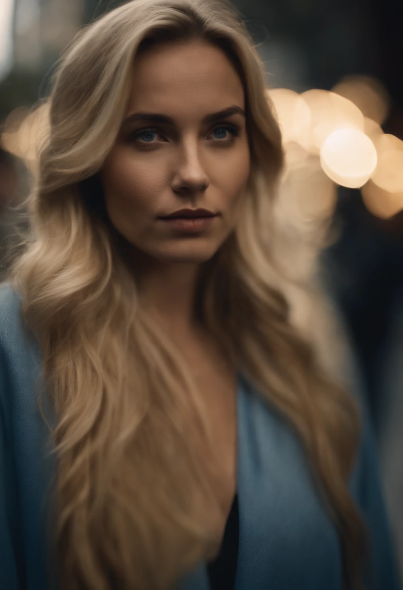 une femme blonde aux yeus bleus regardant l'appareil photo