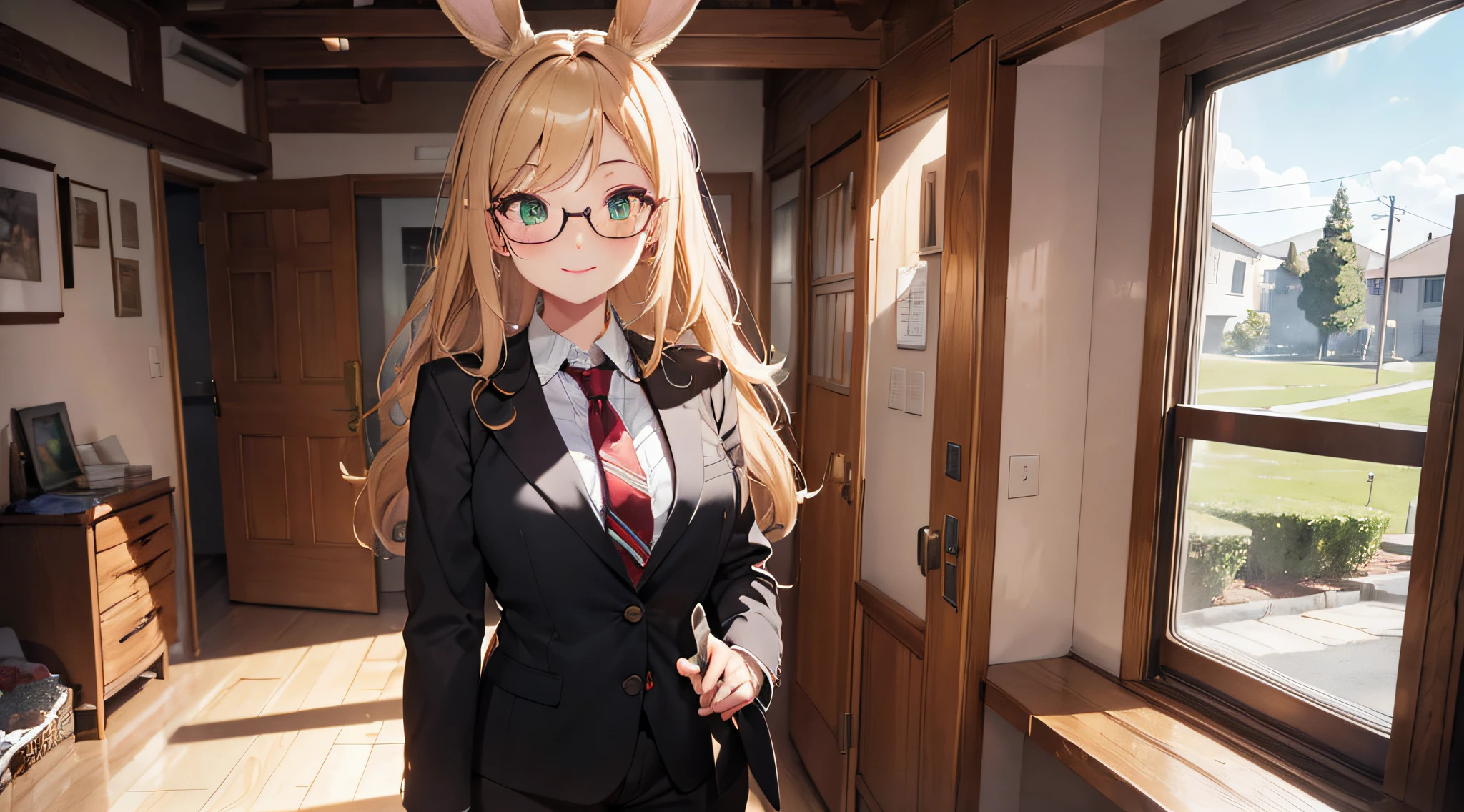 (Masterpiece, Best Quality, Very Detailed CG, Intricate Details: 1.2), 8k Wallpaper, Masterpiece, Best Quality, Award-Limited, High Quality, Super Detail, High Detail, Textured Skin, Cute, UHD, Anatomically Correct, pretty girl, bunny ears, viera, long blonde hair, smiling face, light freckles, tall, green eyes, perfect eyes, shirt and jacket and tie, black pants, eyeglasses, black eyeliner, red lipstick