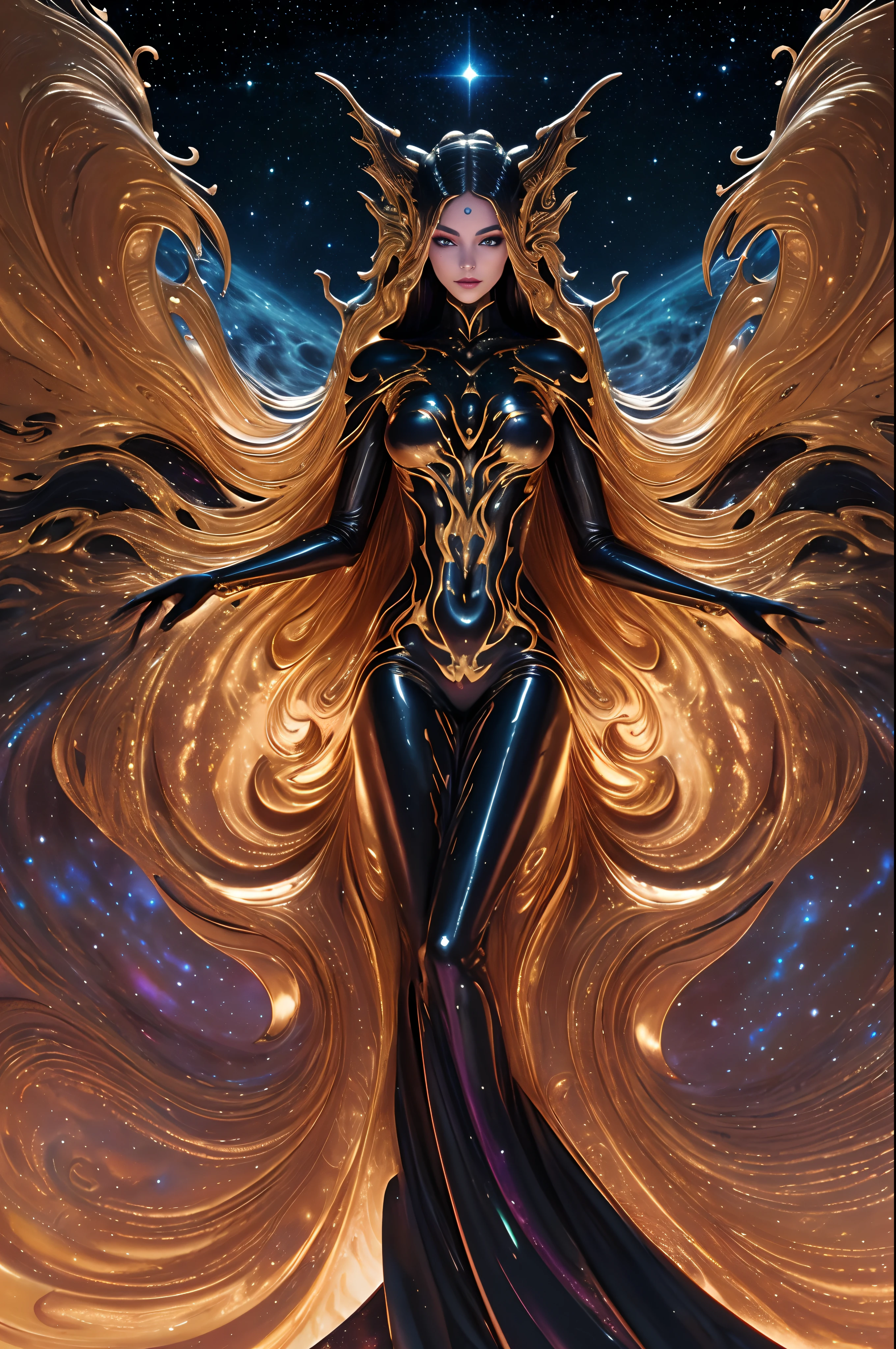 (body formed by galactic liquid mauevine and black metallic paint twisting into a beautiful interpretation of the female figure), au naturel,((complex galactic metallic colours in the foreground)), (( fluid mechanics, the loveliest smooth scale face makeup, smirky expression)) - red, black and gold, onyxia, metallic color palette g0s1